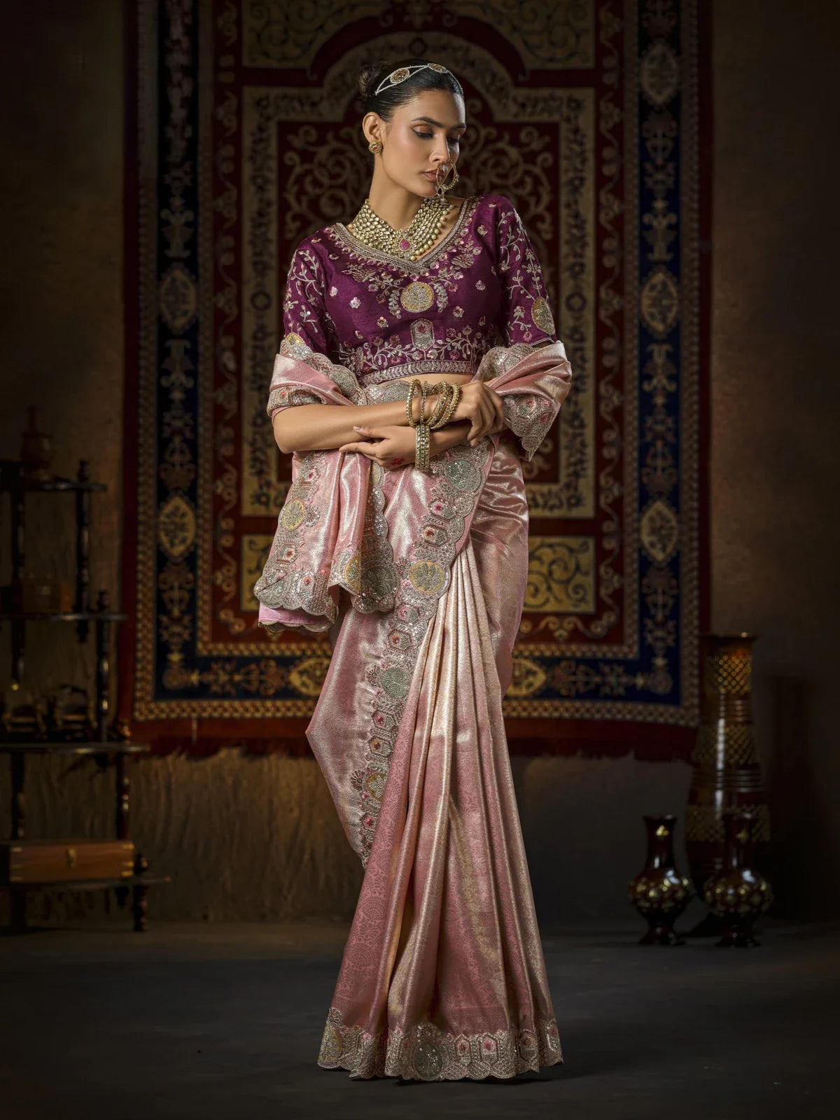 Tarani premium pink silk bridal saree with embroidery and sequins full view