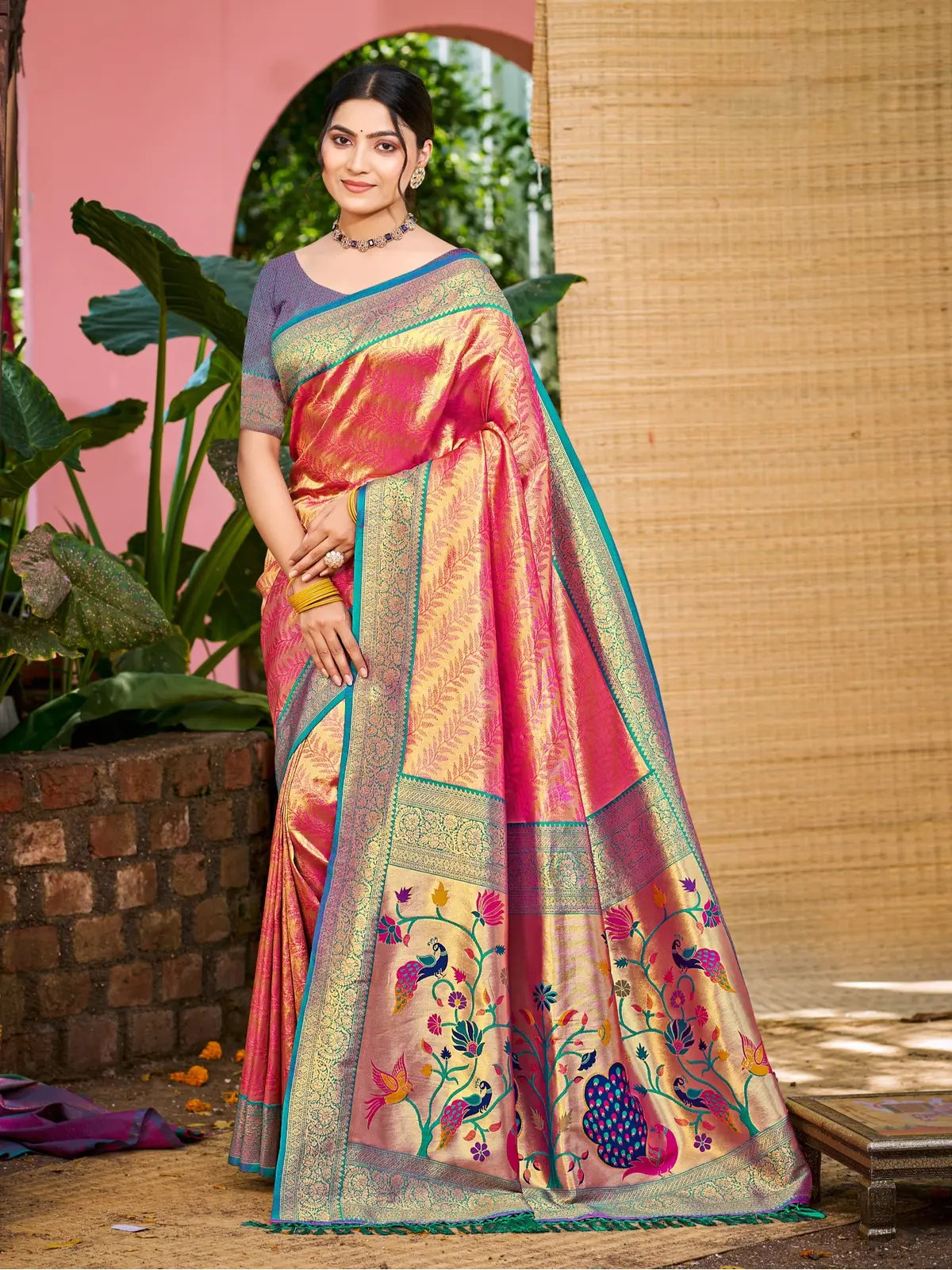 Tarani premium pink Kanjivaram silk saree full view with woven border and blouse