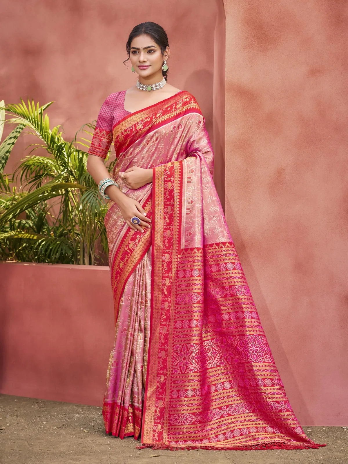 Tarani pink Kanjivaram silk saree with golden woven design full view for weddings and festive occasions