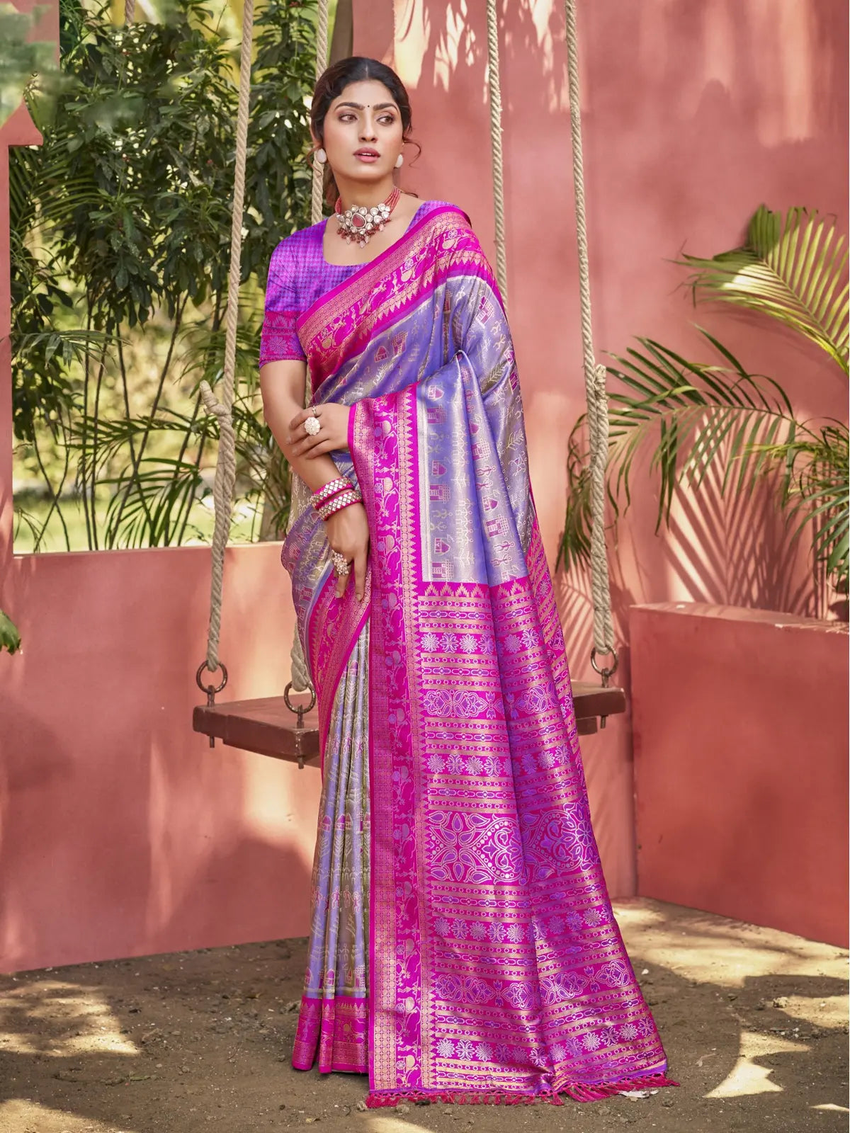 Tarani pink kanjivaram silk saree full view with woven blouse piece