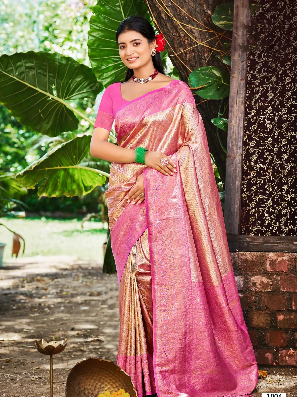 Tarani premium pink kanjivaram silk saree with full body view for festive occasions