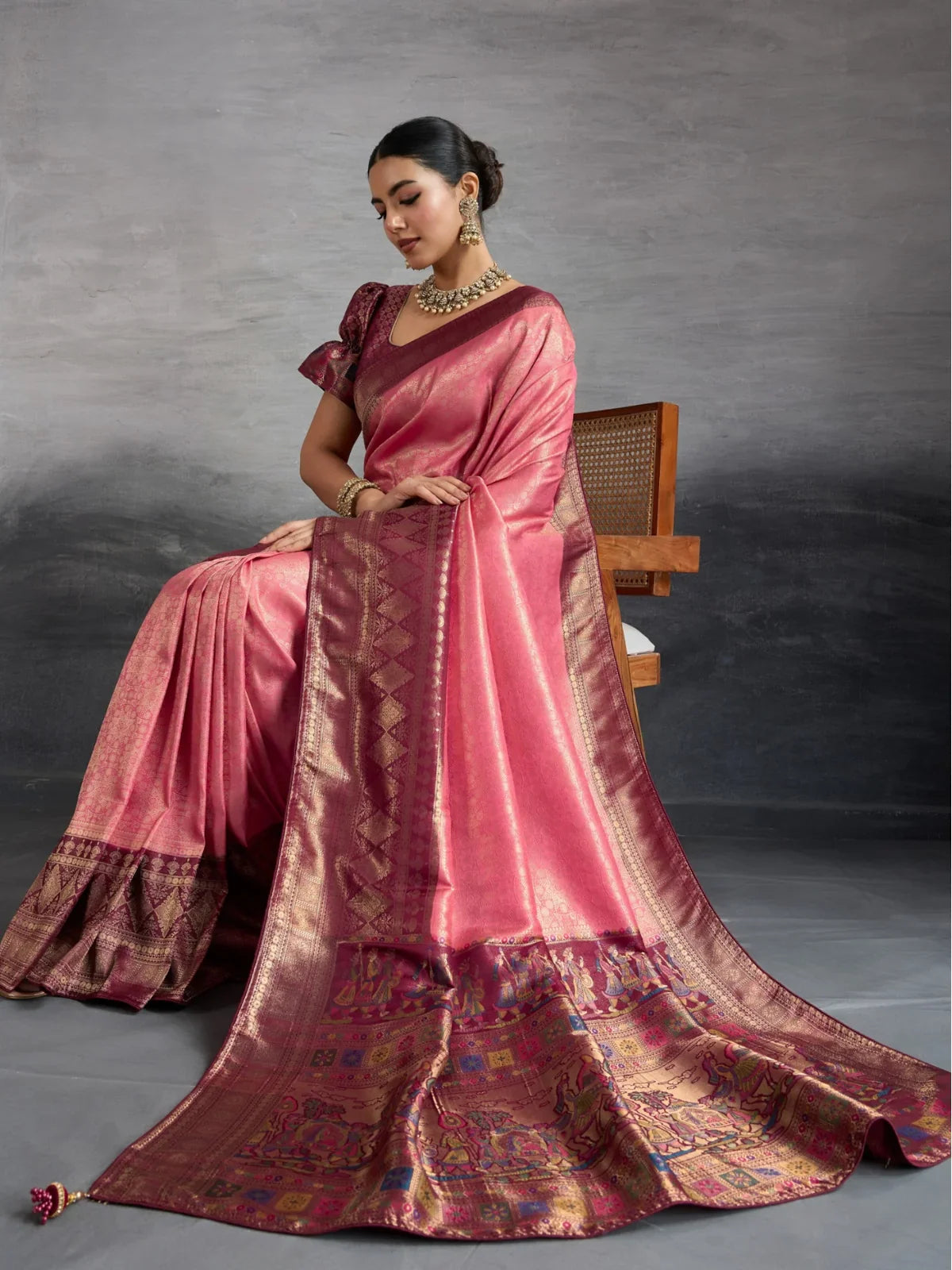 Tarani pink Kanjivaram silk saree full view with wedding themed meenakari pallu