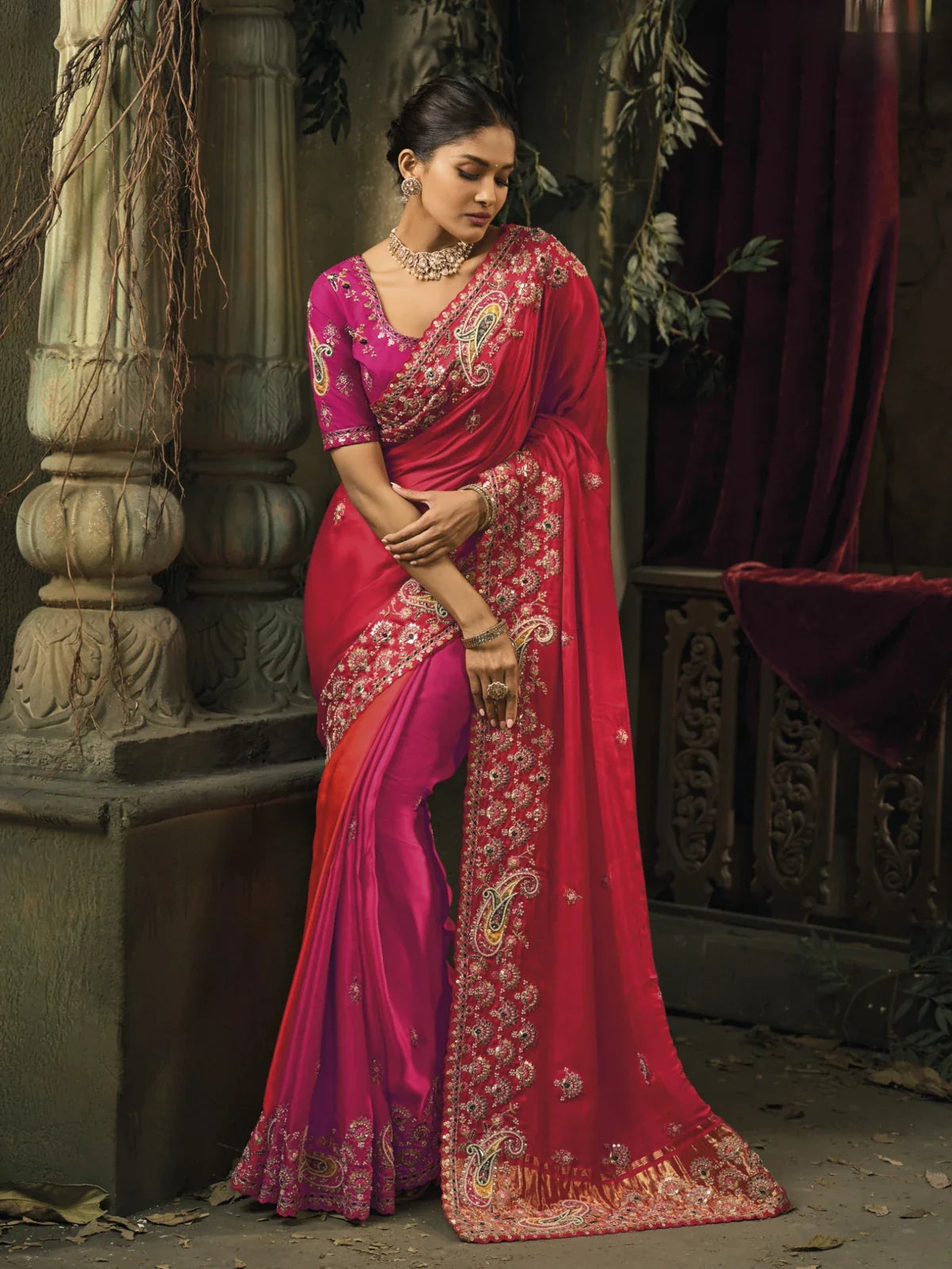 Tarani pink silk saree with emerald heavy embroidery and matching blouse front full view