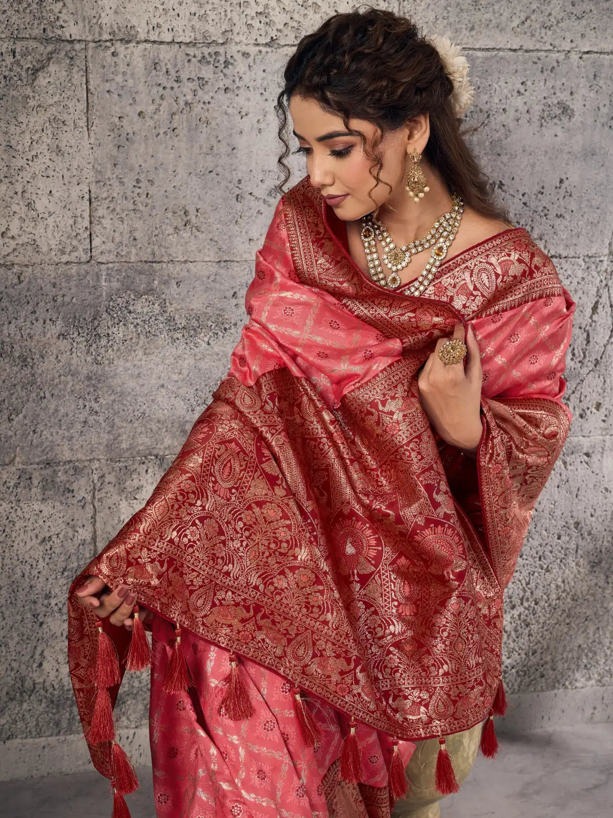 Tarani pink Banarasi silk saree grand pallu with zari weaving and tassels