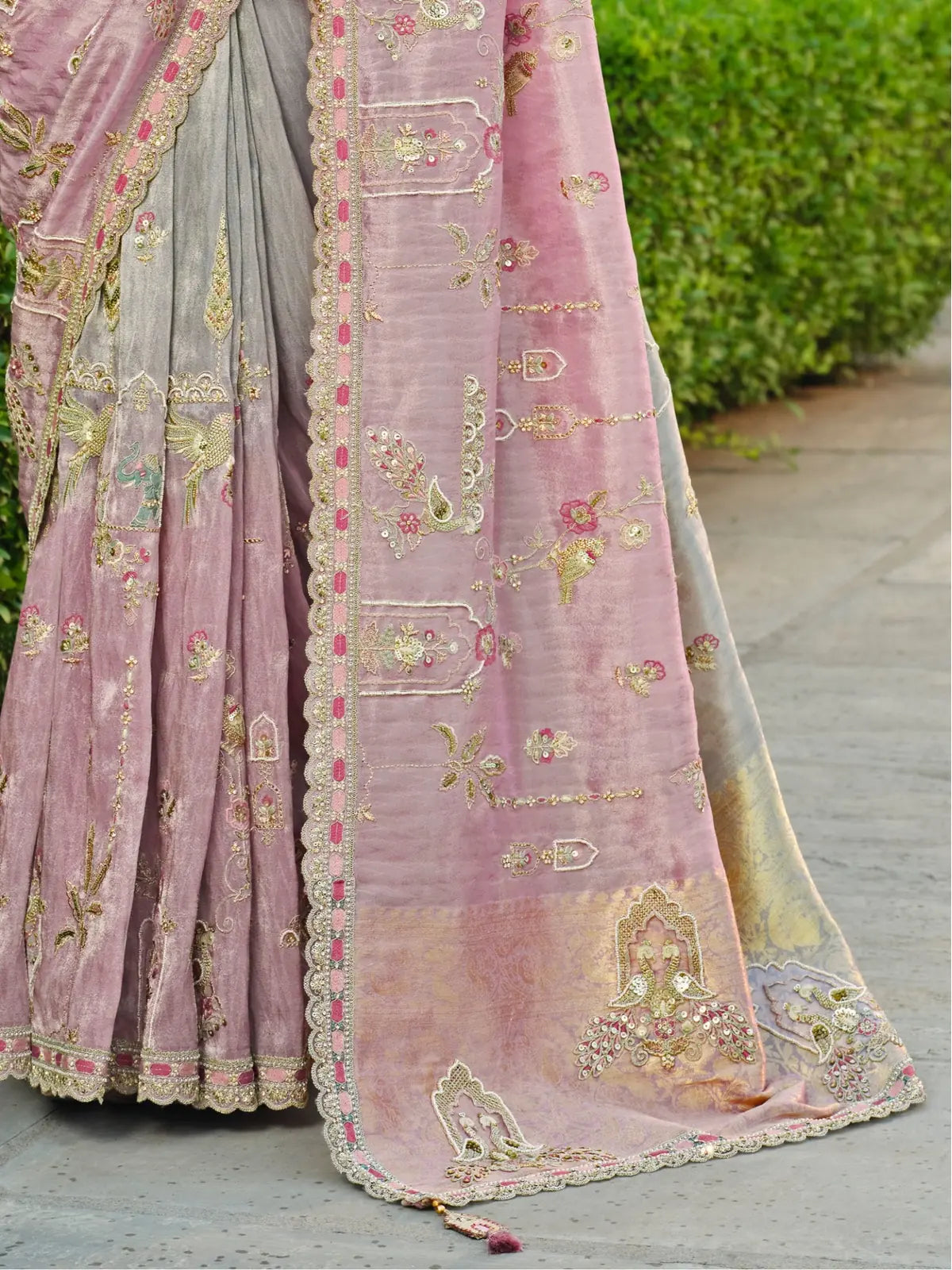 Tarani pink zari saree closeup of pallu with handcrafted temple embroidery and sequin detailing