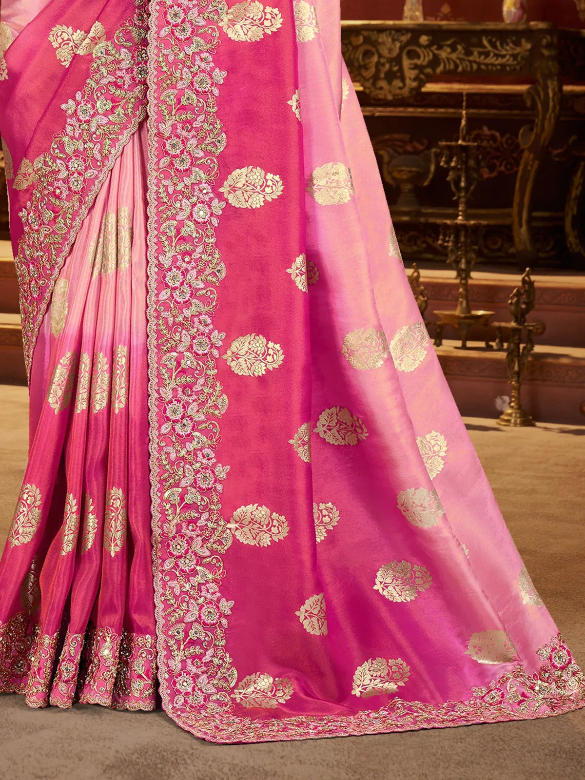 Tarani pink silk saree close view highlighting border and pallu details