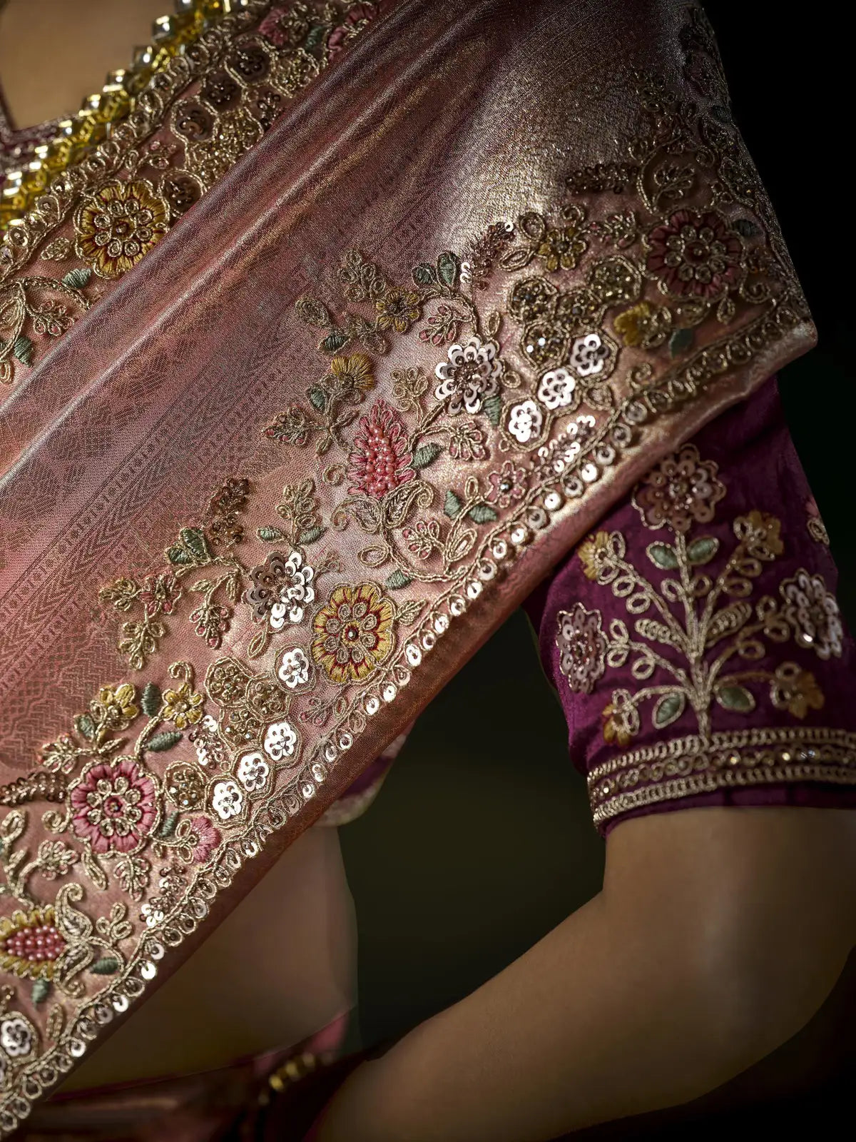 Tarani pink silk pallu and border close view Preeti with floral cutwork and sequin detailing wedding style