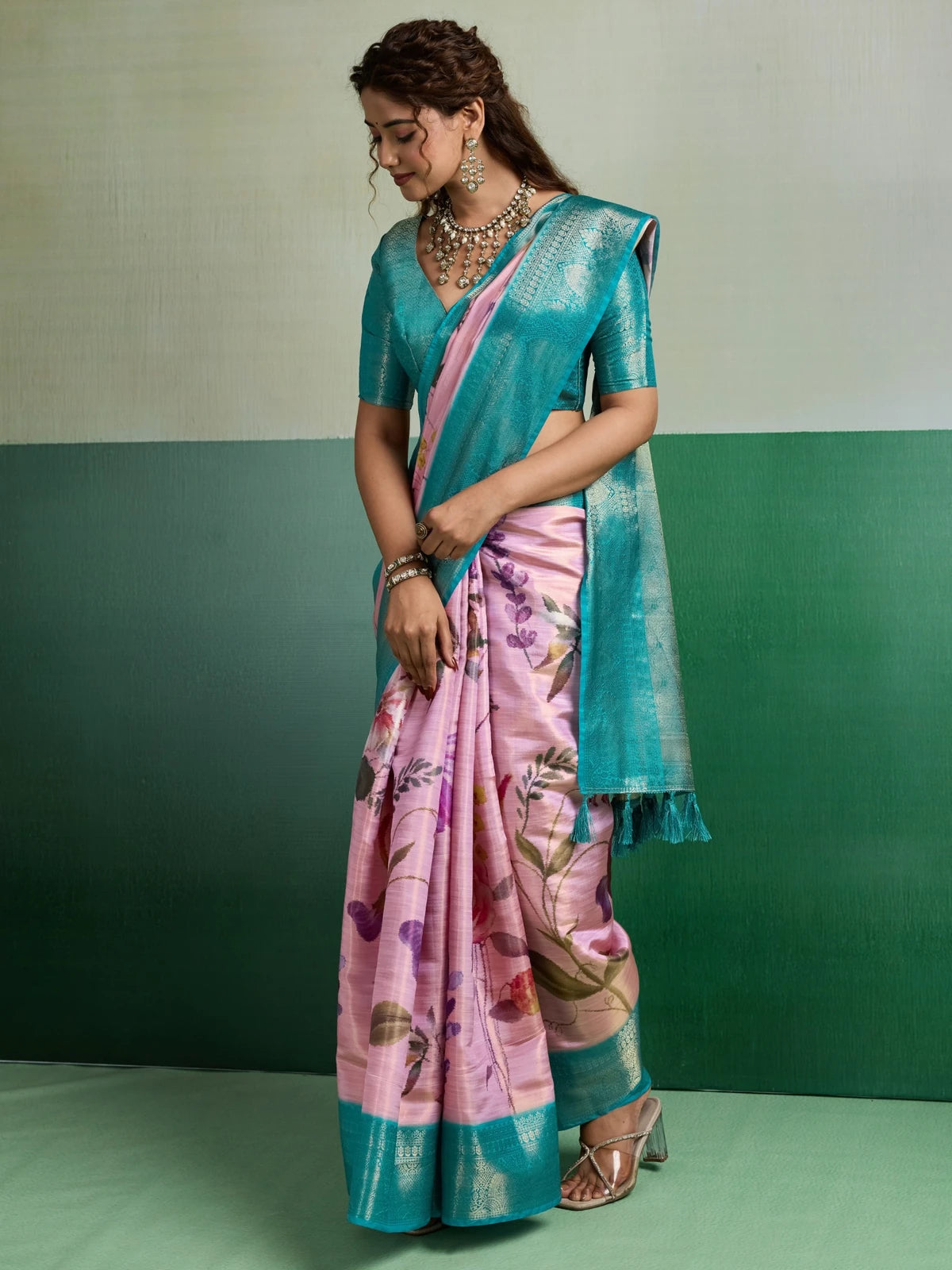 Tarani pink Pure Kanjivaram Tissue Silk saree side view showing elegant drape