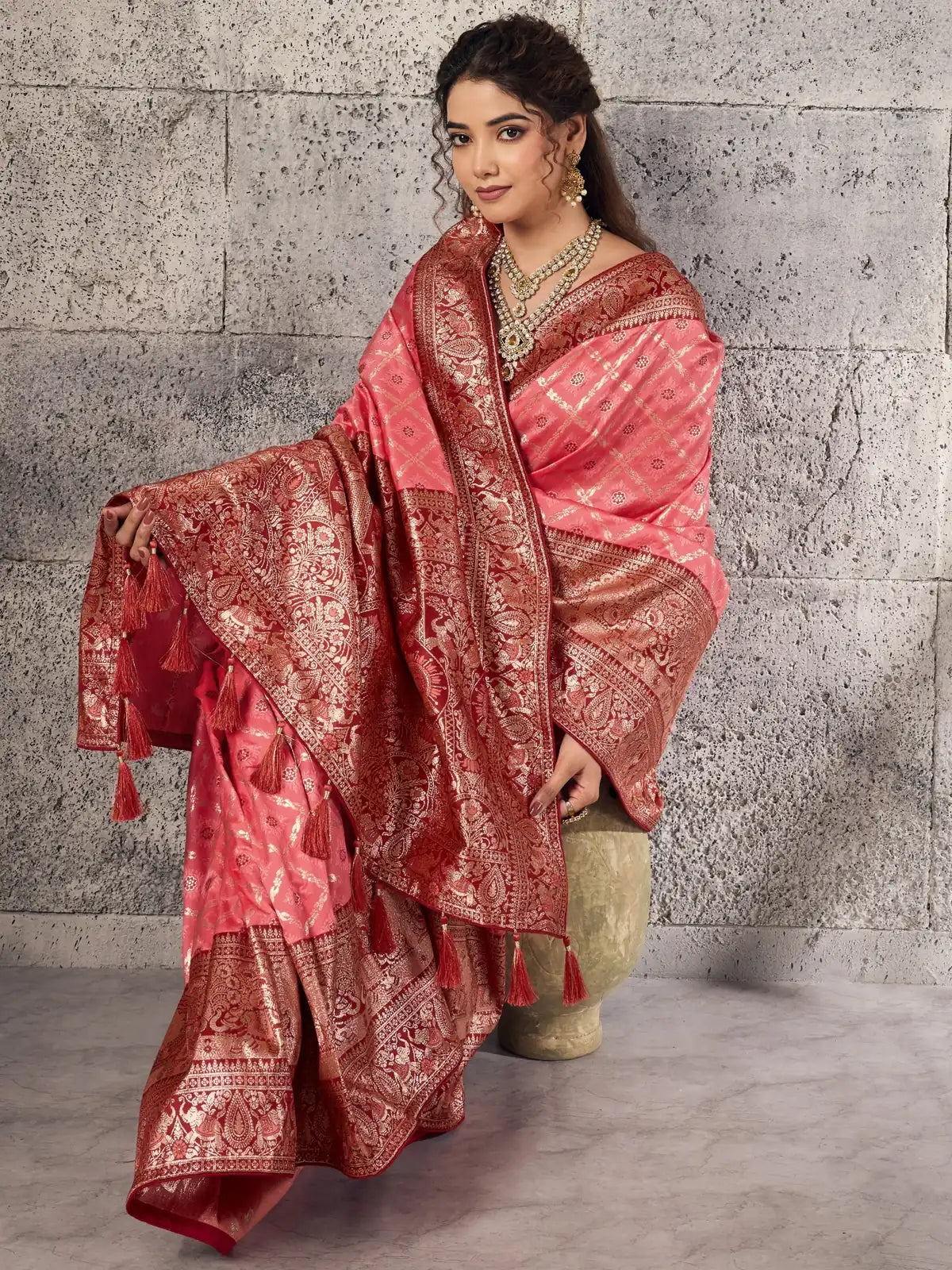 Tarani pink Banarasi silk saree upper body view showing elegant border
