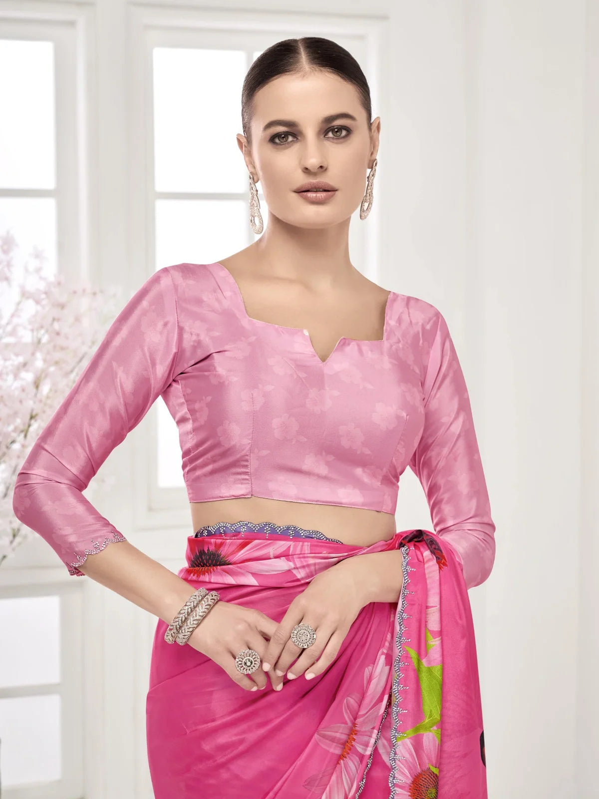Tarani pink digital silk saree with crystal border and designer blouse front view