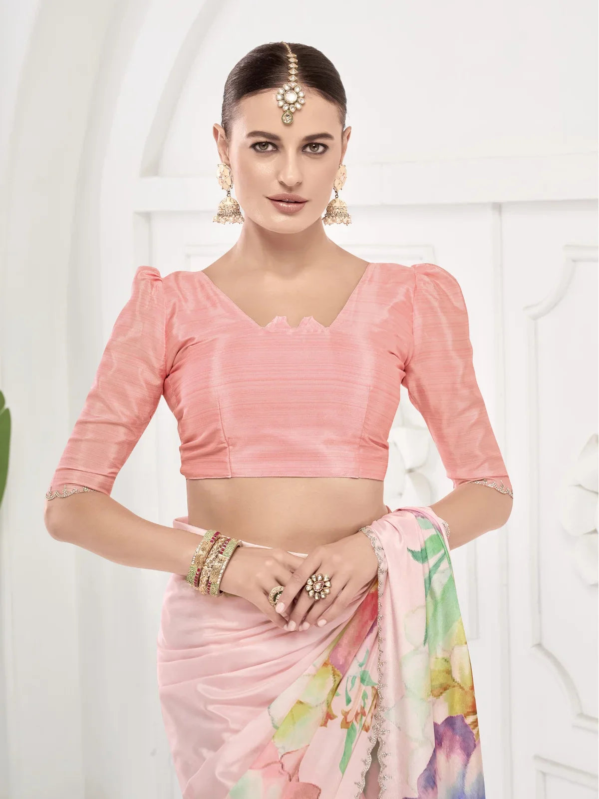 Tarani pink silk saree with designer blouse and embroidery upper body view