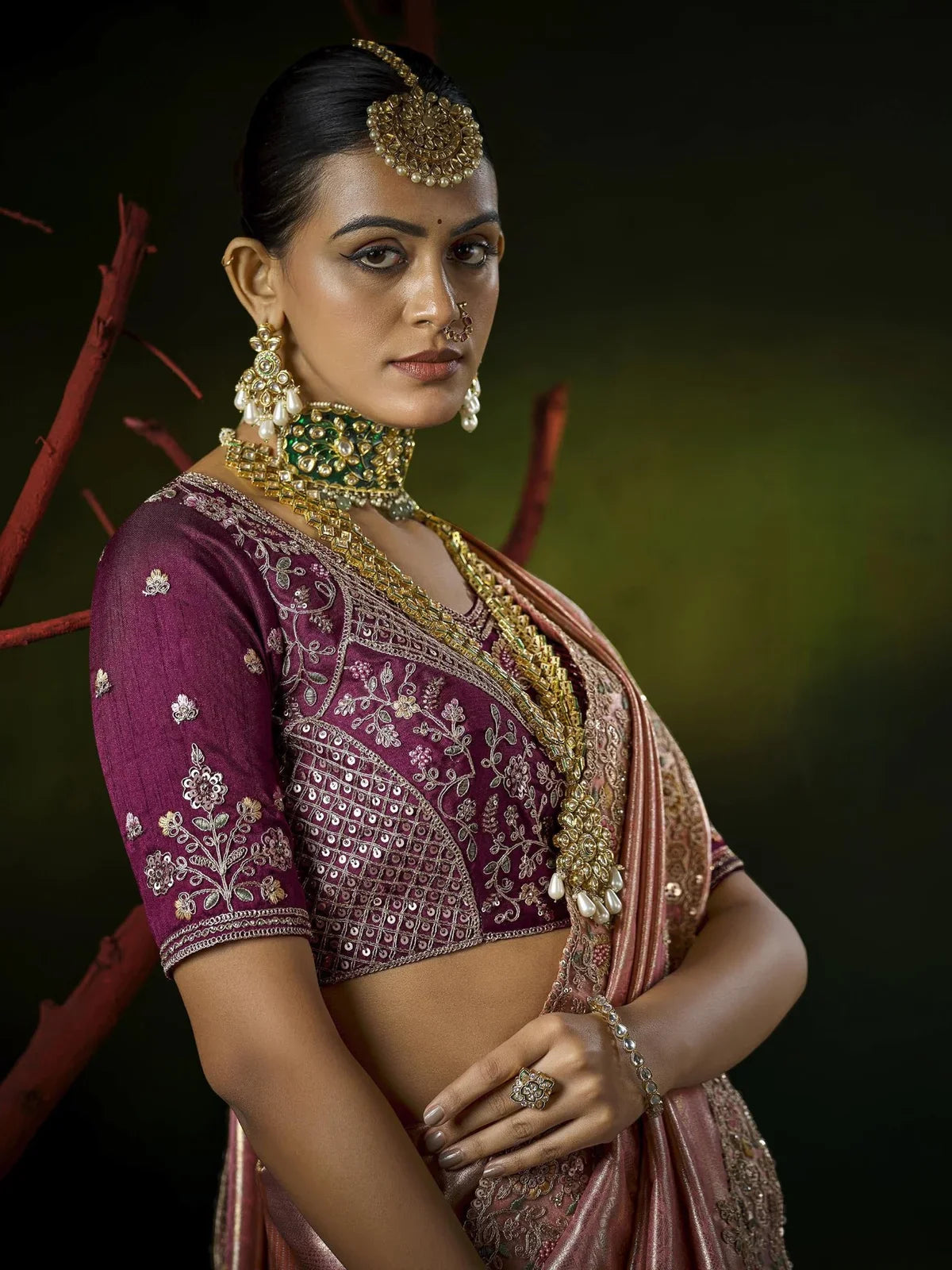 Tarani maroon embroidered blouse with pink silk drape upper body Preeti layered jewellery wedding look
