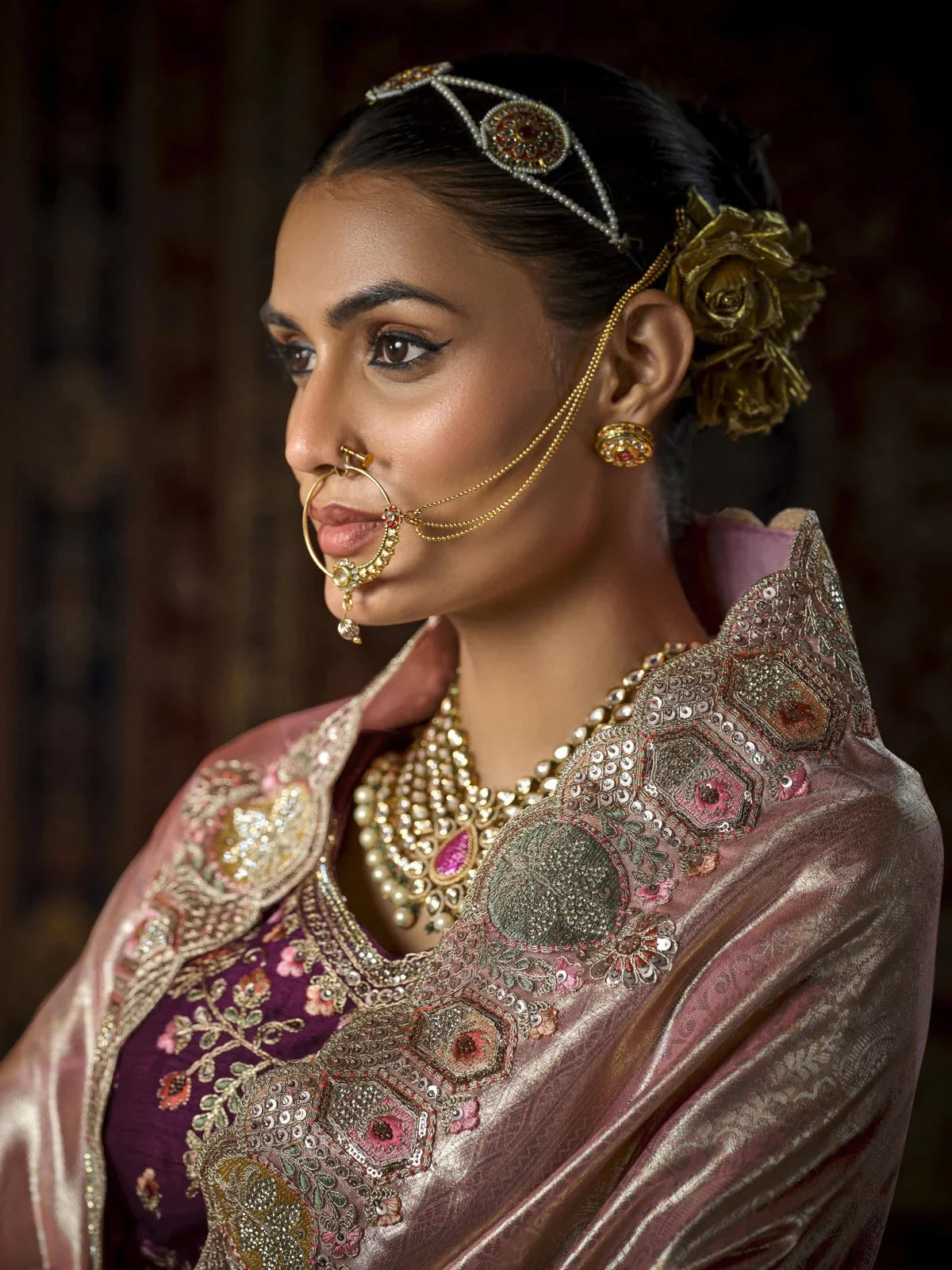 Tarani pink silk bridal saree upper body view with embroidered blouse