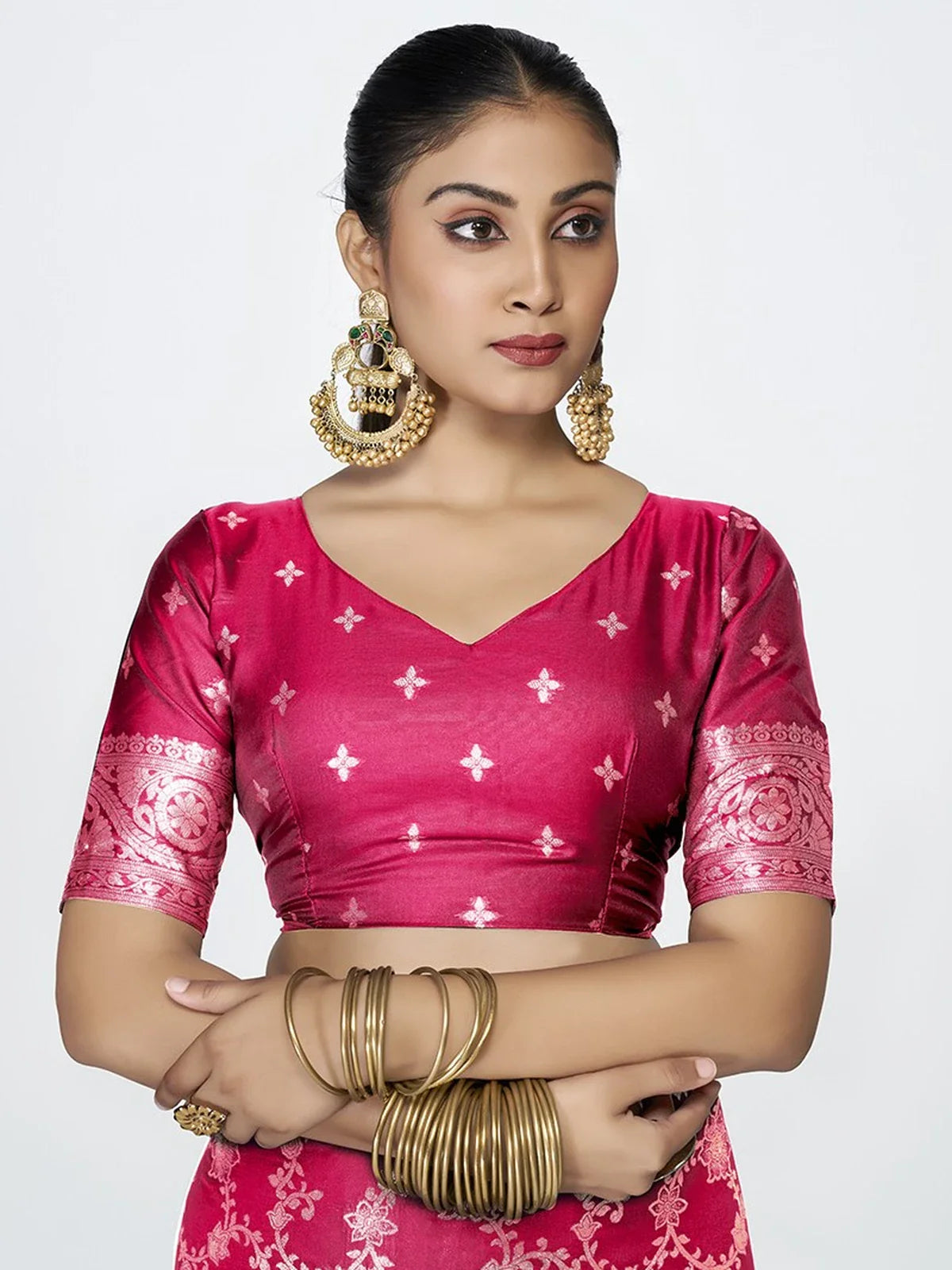 Tarani pink silk saree with matching blouse upper body front look for festive and party wear