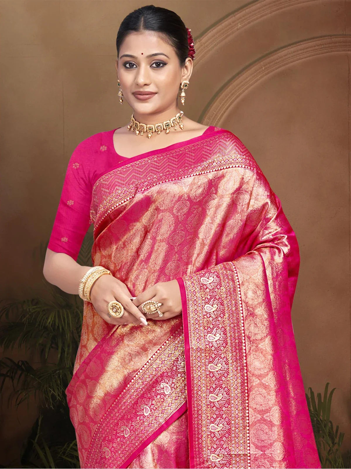 Tarani kanjivaram silk saree upper body view showcasing elegant blouse and zari border