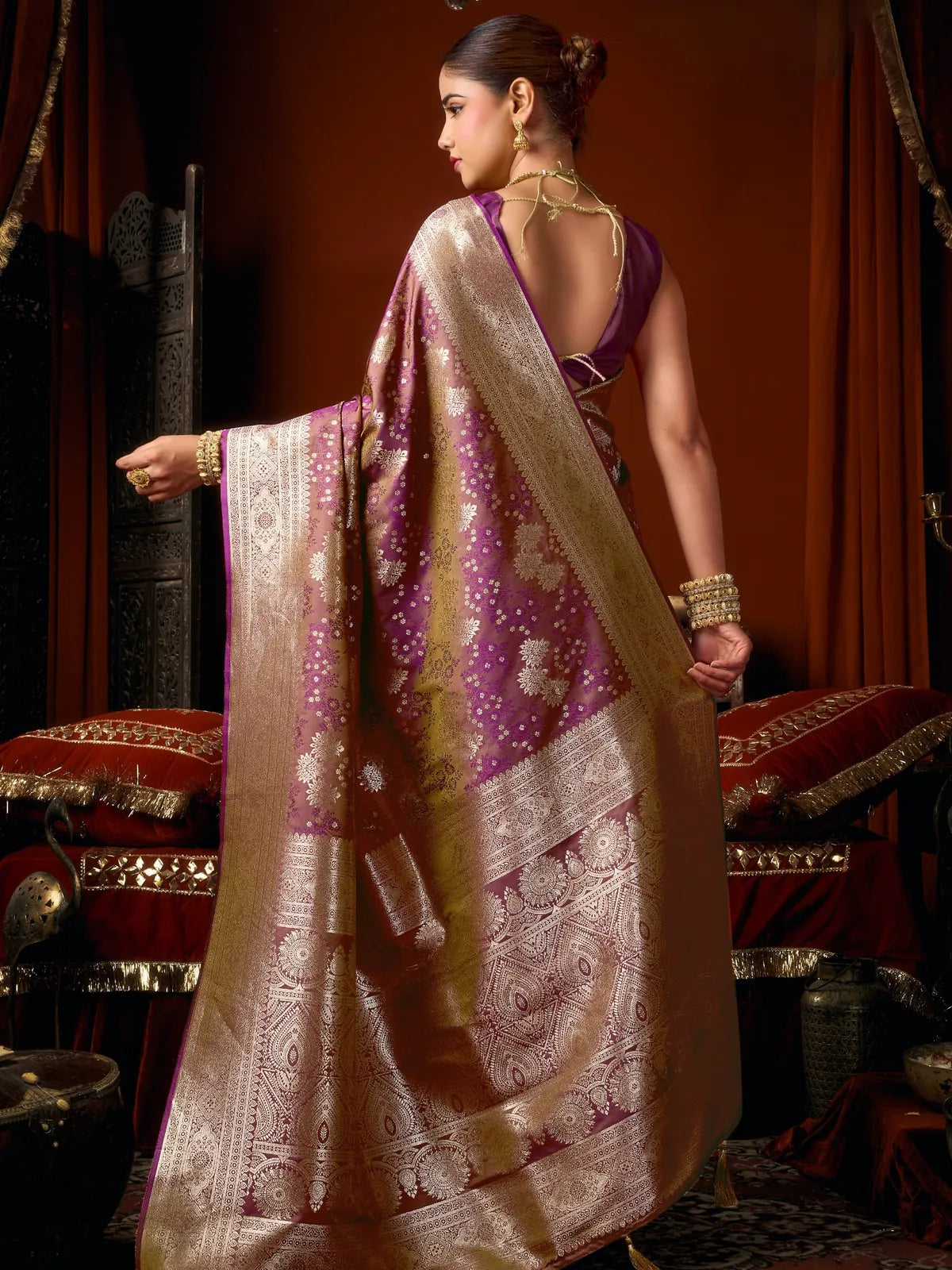Tarani premium purple jacquard soft silk saree with rich zari weaving back view
