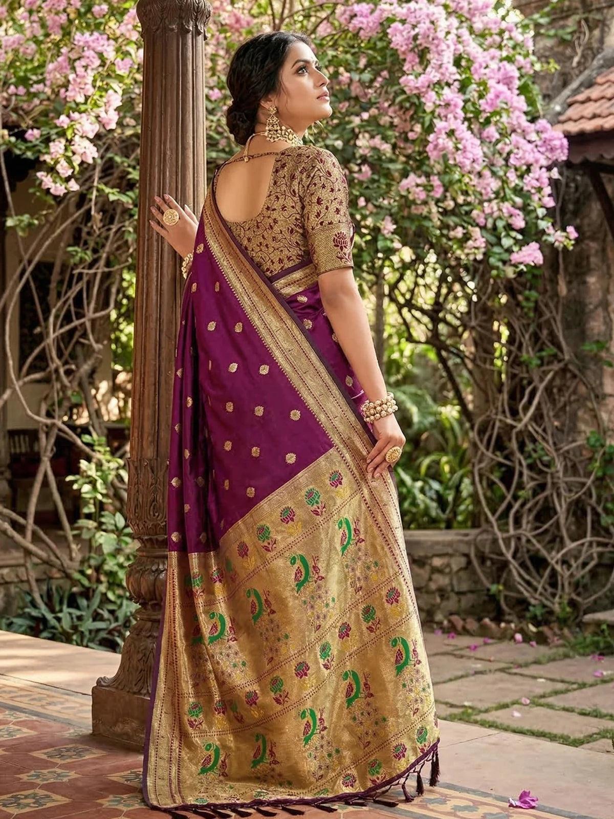 Tarani Ashwini purple soft silk saree back view showcasing ornate pallu and blouse design