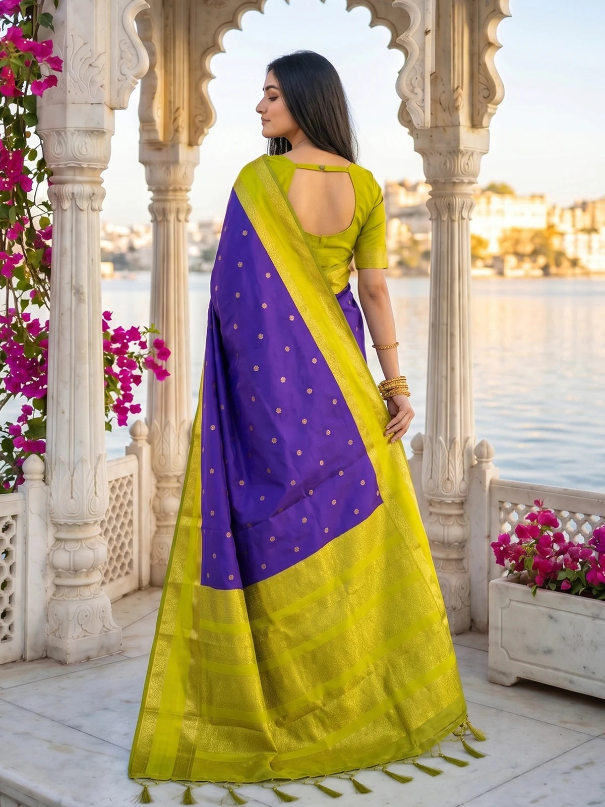 Tarani purple soft silk saree back view with zari pallu and designer blouse pattern