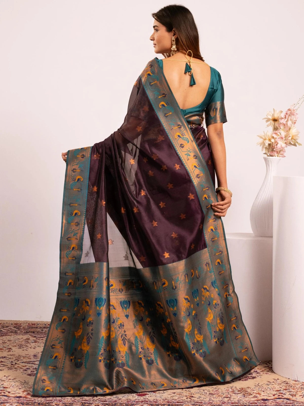 Tarani premium soft tissue silk purple Paithani saree back-view