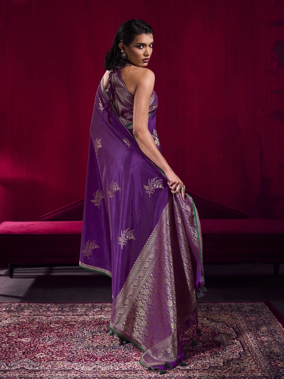 Tarani purple handloom weaving silk saree back view with elegant woven blouse and pallu