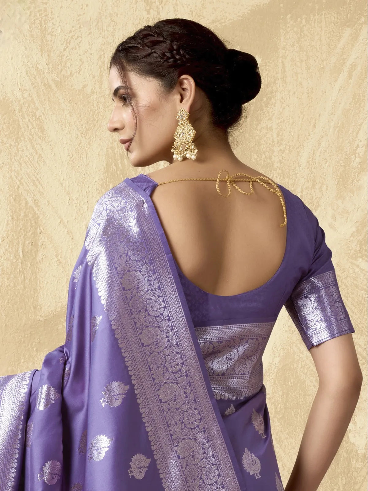 Tarani purple silk saree back view showing blouse and zari border