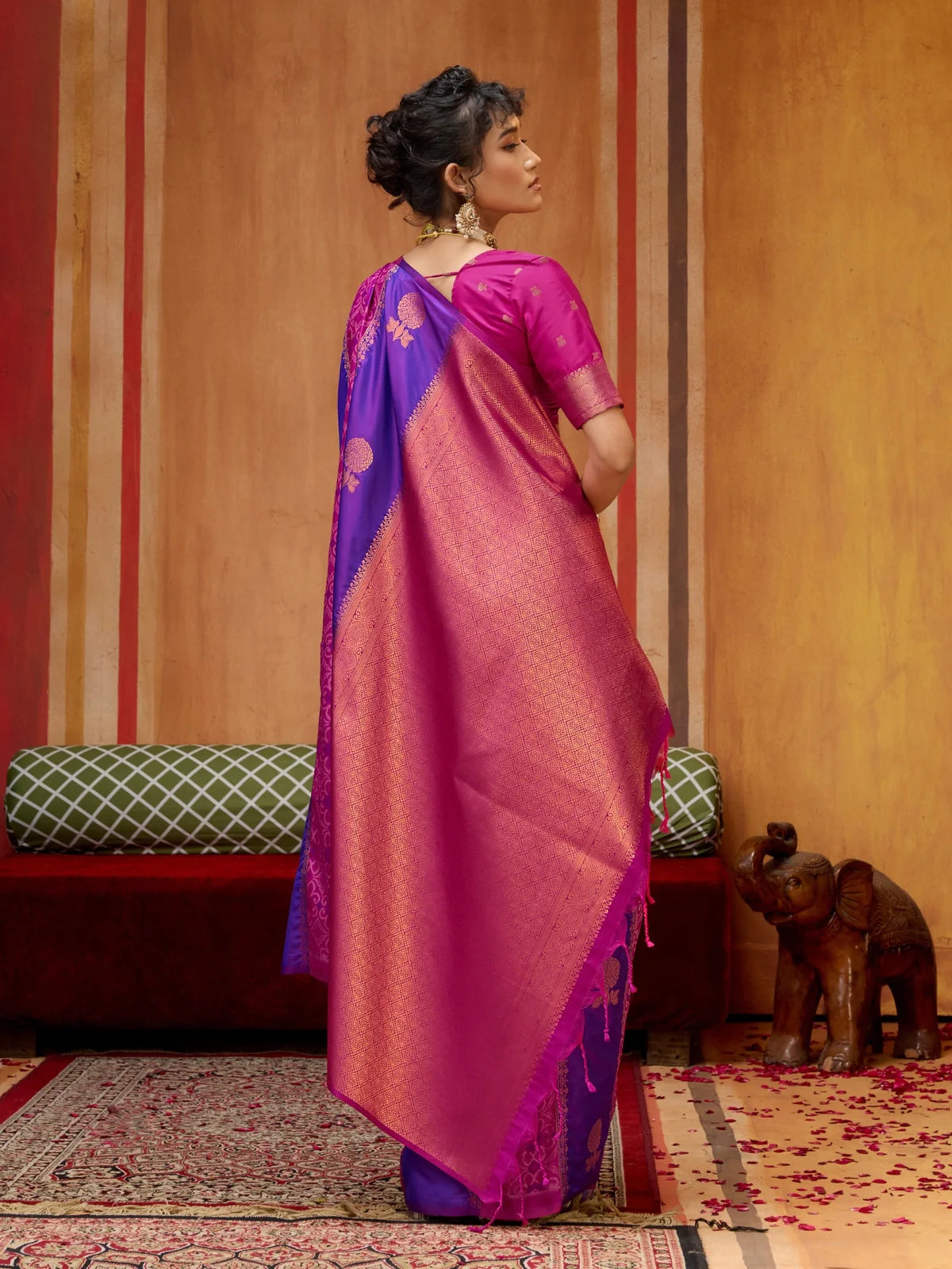 Tarani purple silk saree full back view with detailed traditional motifs