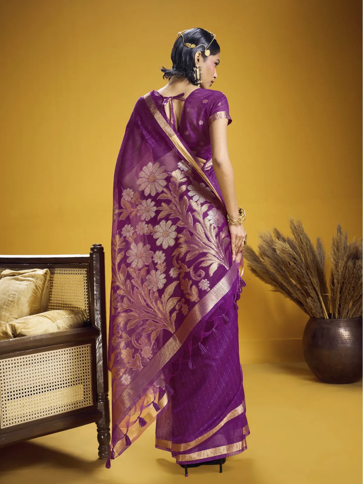 Tarani purple silk saree full back view with zari pallu and elegant posture