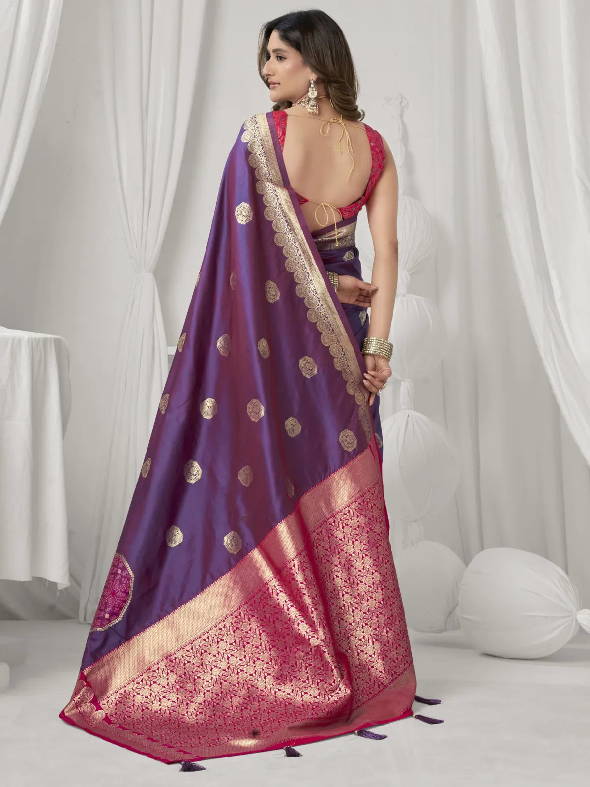 Tarani purple silk saree full back view showing blouse and pallu drape