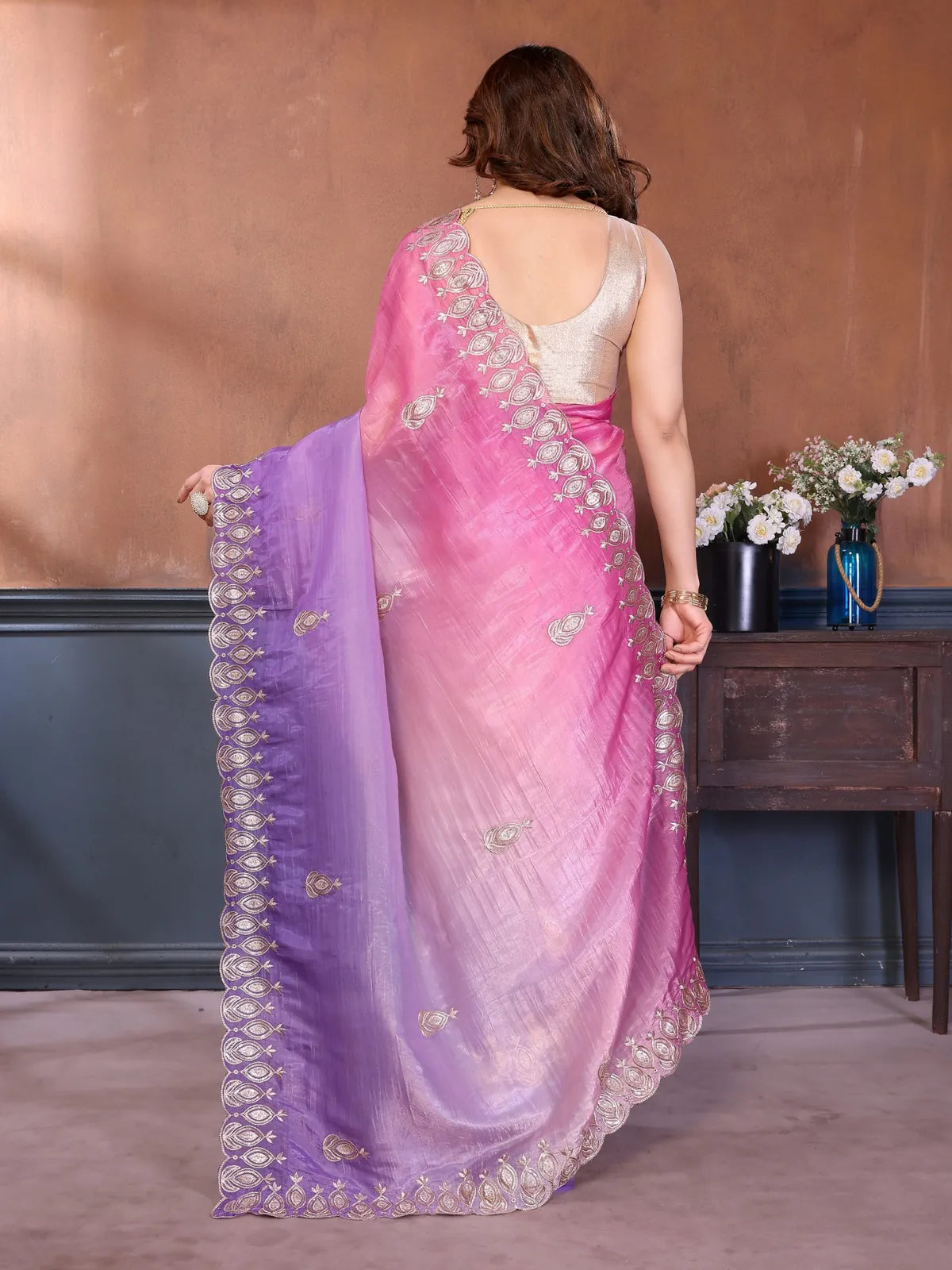 Tarani festive saree purple and pink tones showing full back drape and blouse style