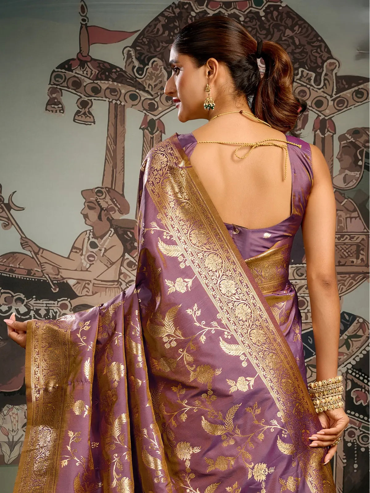 Tarani purple silk saree back view highlighting blouse and border design