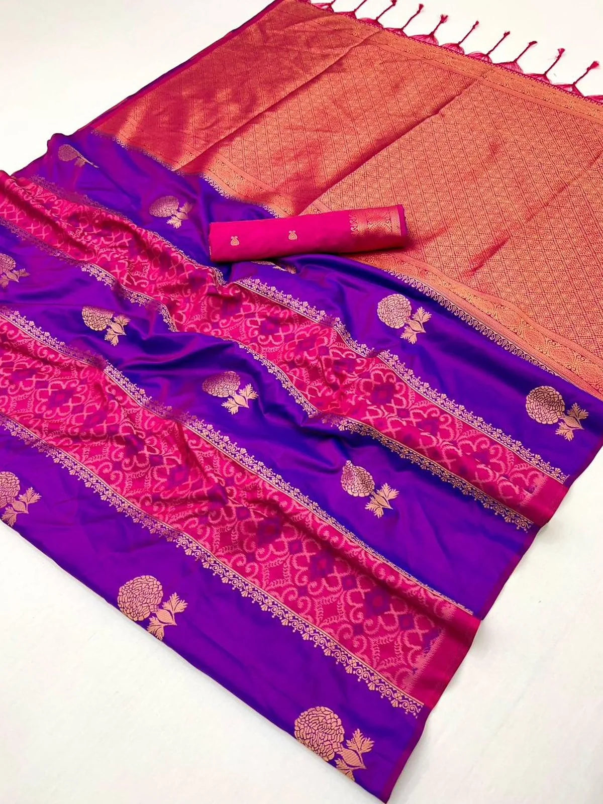 Tarani purple silk blouse close-up with weaving details and elbow sleeve pattern