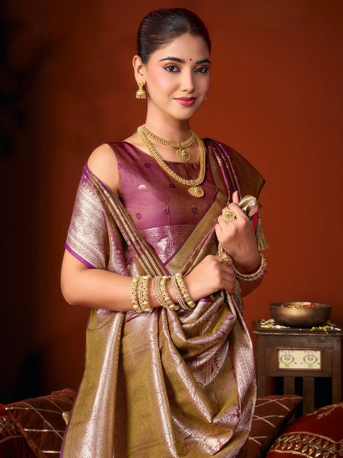 Tarani premium purple jacquard soft silk saree with rich zari weaving closeup view