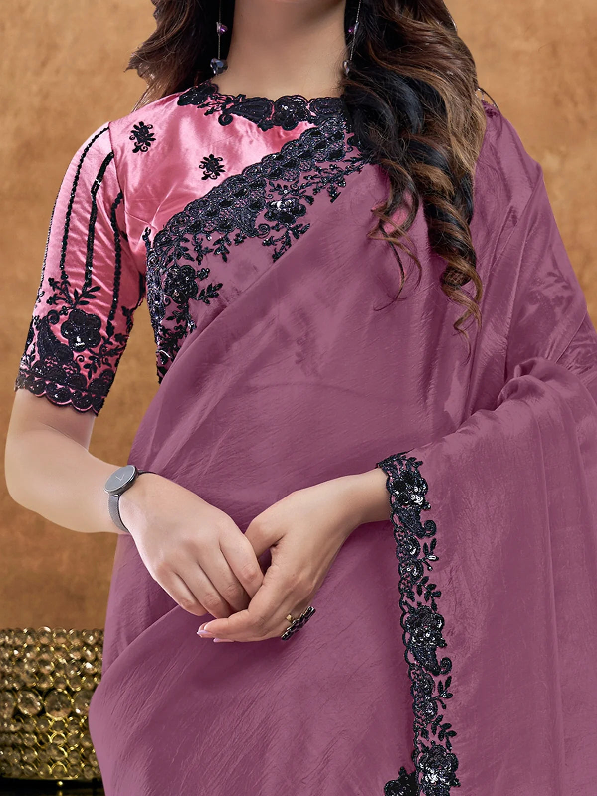 Tarani Lekhika crush pure silk purple saree closeup showcasing sequins handwork and blouse details