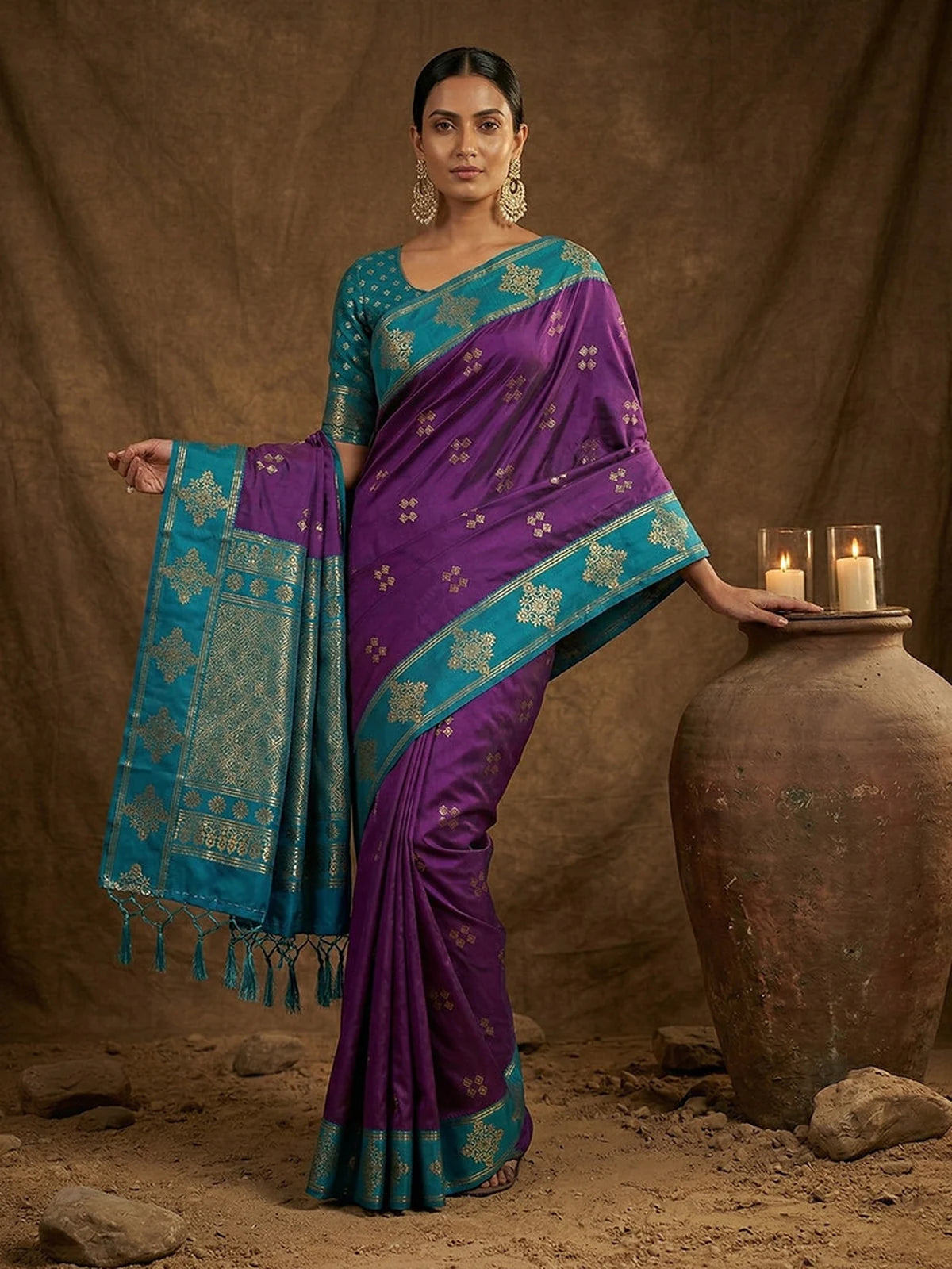 Tarani purple soft silk saree front view with contrast teal pallu and jacquard zari work