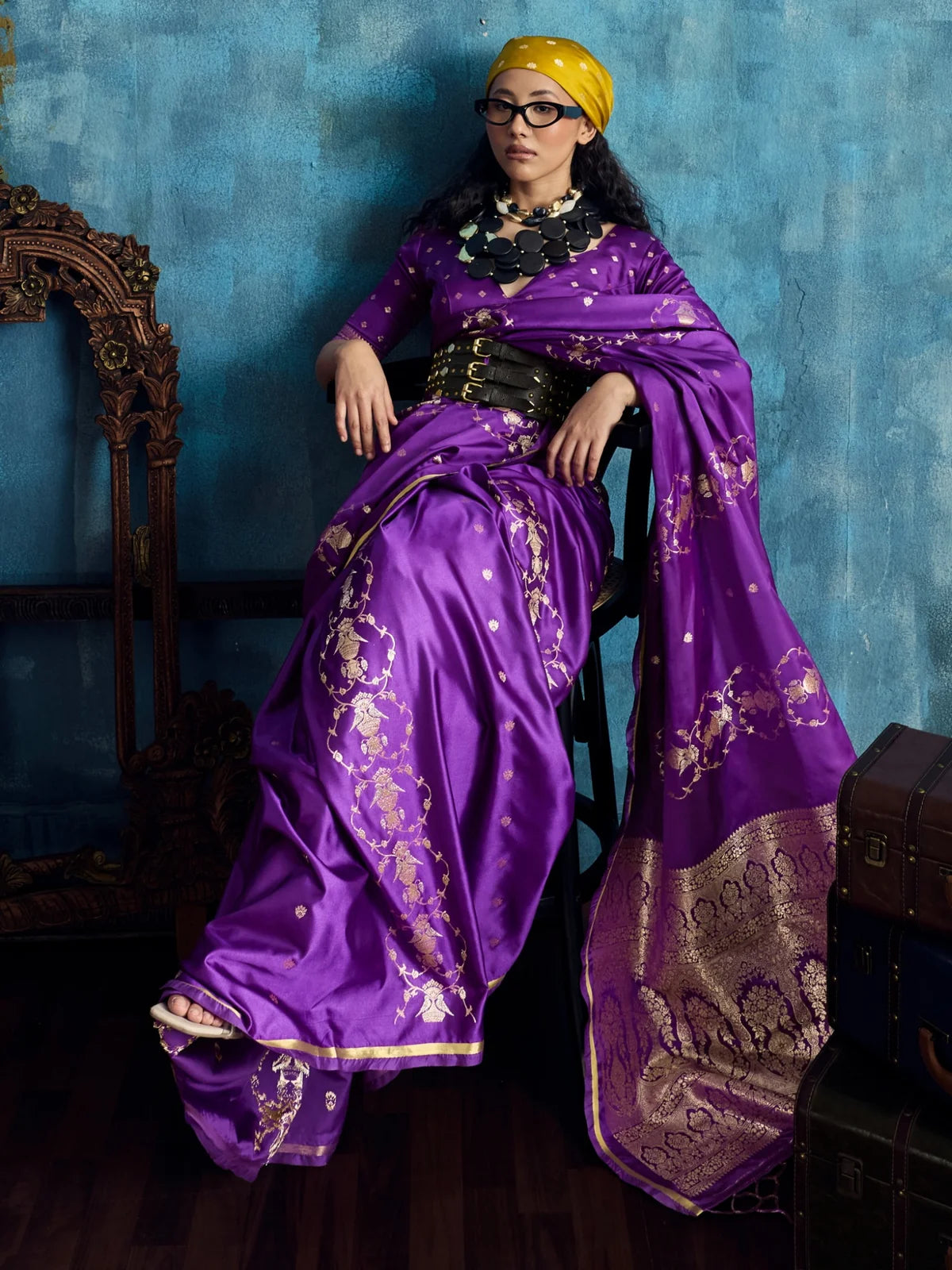 Tarani purple satin handloom weaving silk saree front seated view with elegant zari motifs