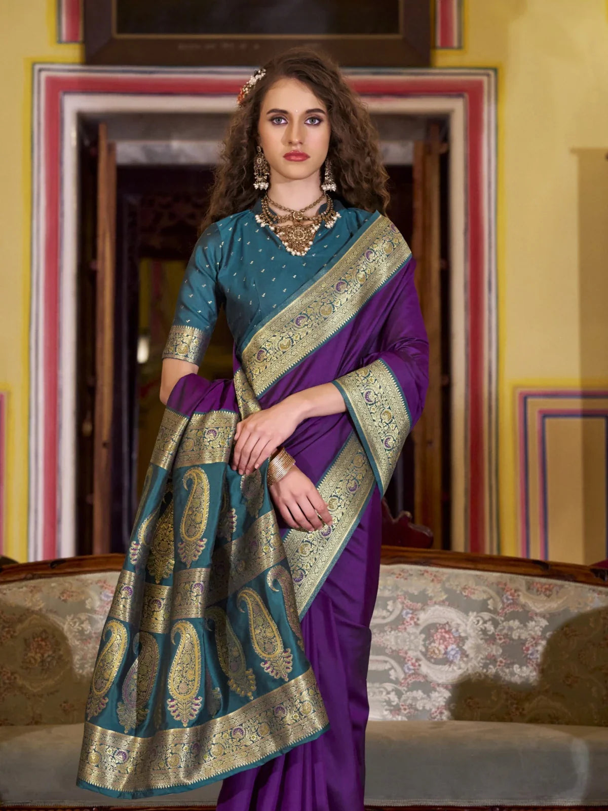 Tarani purple silk saree front view showcasing drape and traditional woven work