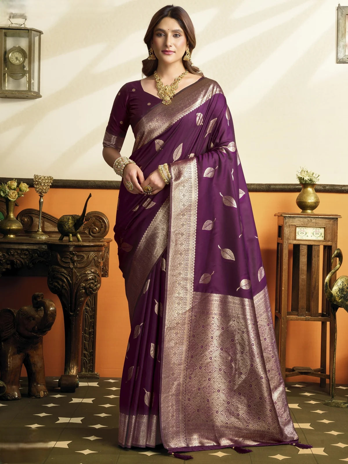 Tarani Hemagi purple premium soft silk saree with zari leaf motifs and tassels full view