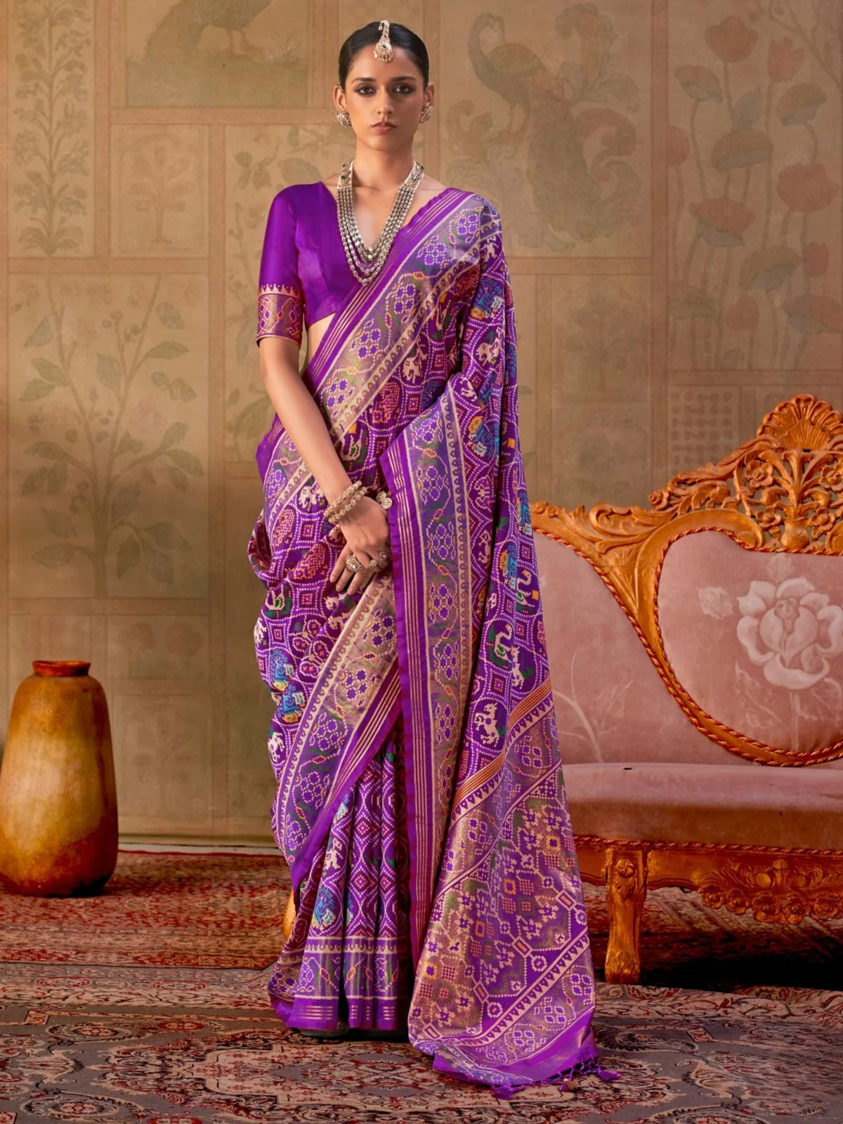 Tarani purple Patola silk saree full view with jari weaving and unstitched blouse