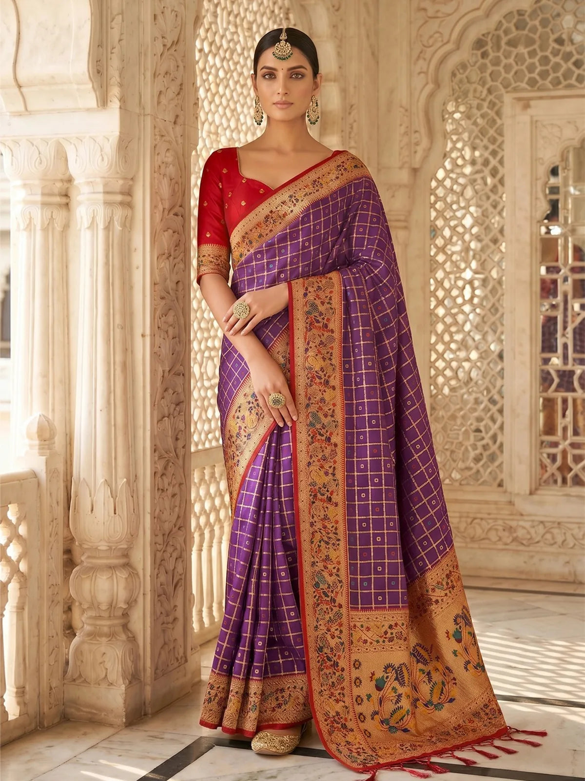 Tarani Kunjika purple Banarasi silk saree with zari checks and floral border full view