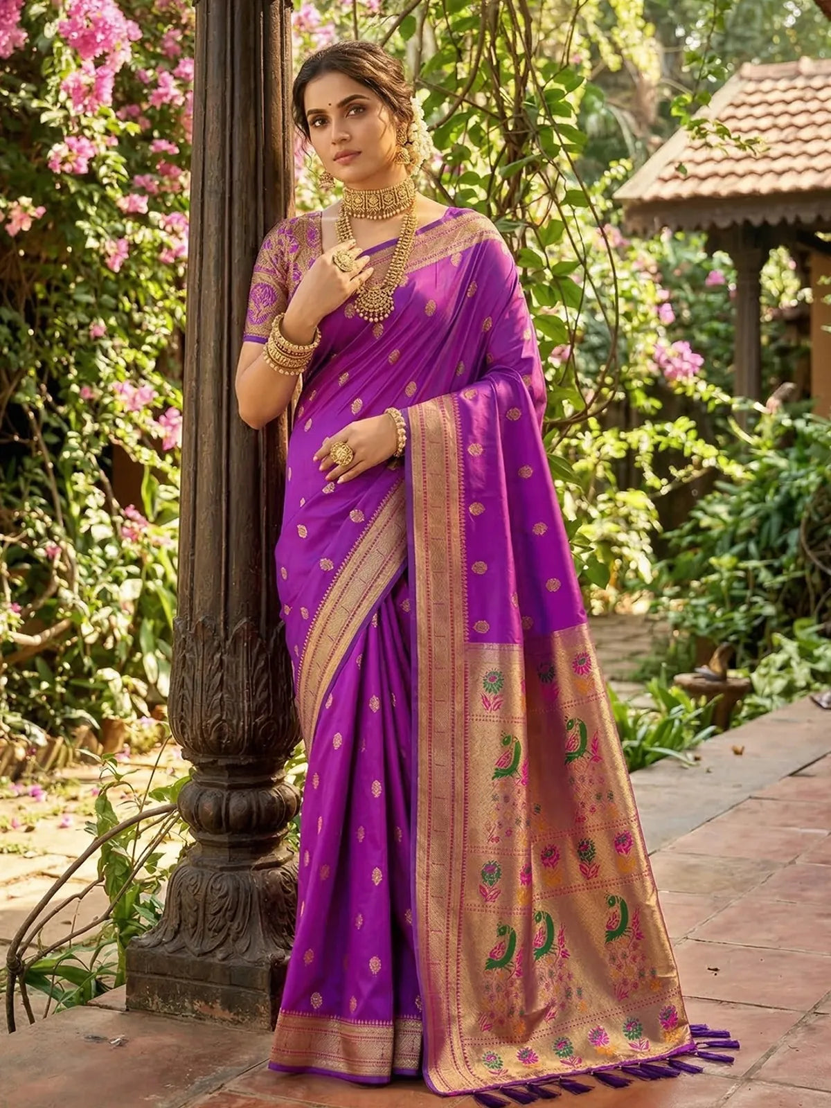 Tarani Aastha purple soft silk saree with zari border and festive woven pallu full view