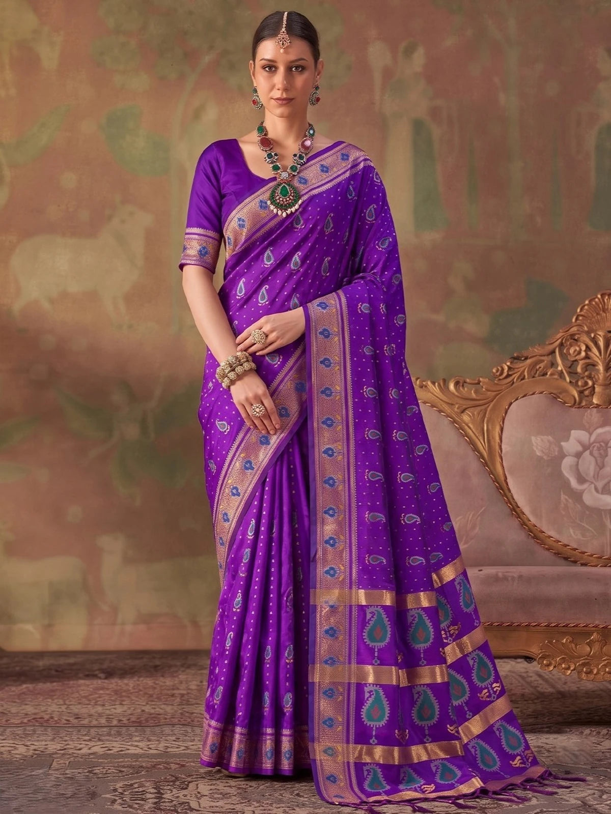 Tarani purple silk saree with zari weaving full front view for wedding and festive wear