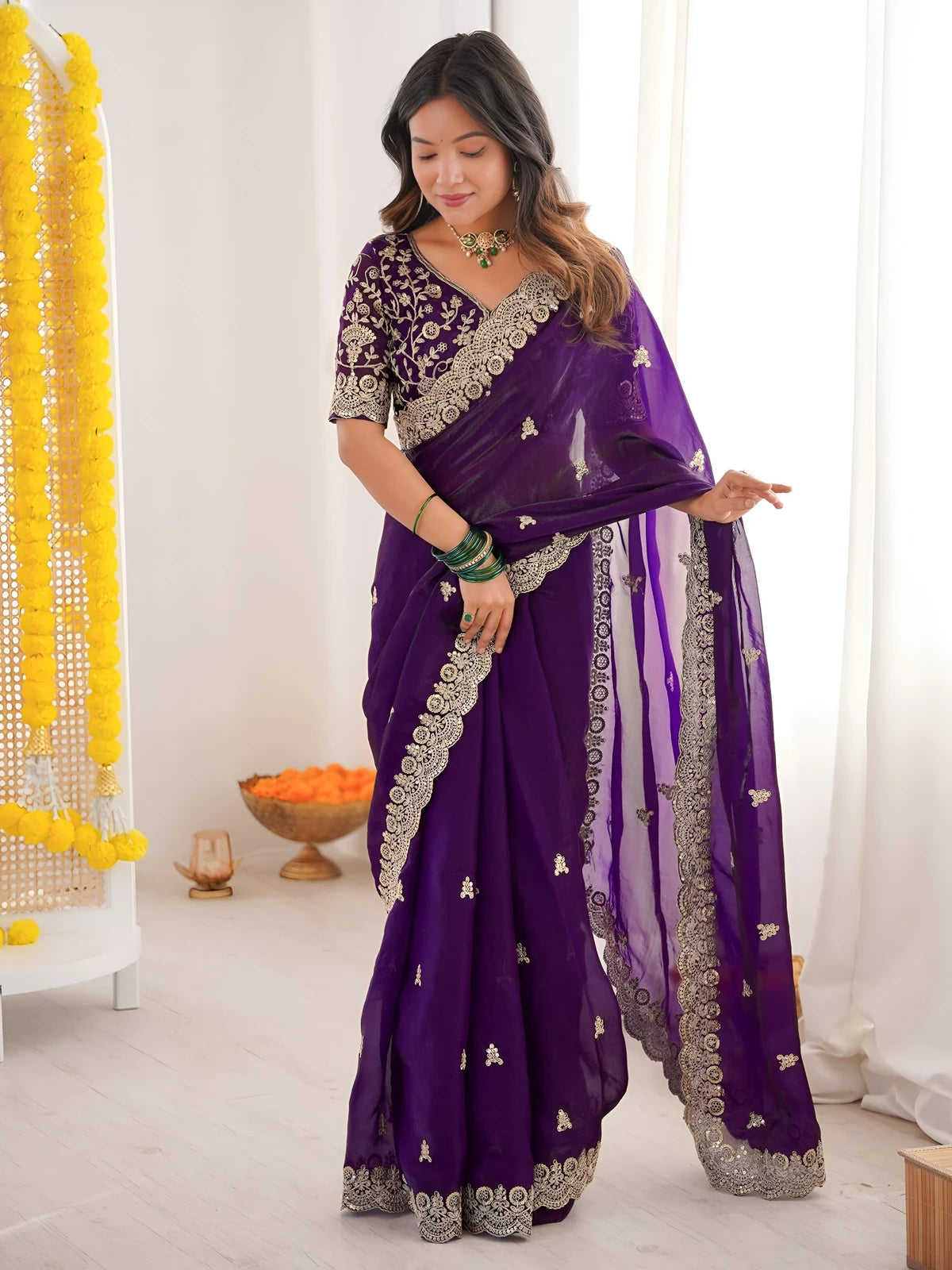 Tarani purple Fandy Satin Silk saree full view with sequin embroidery cutwork border and designer blouse for wedding wear