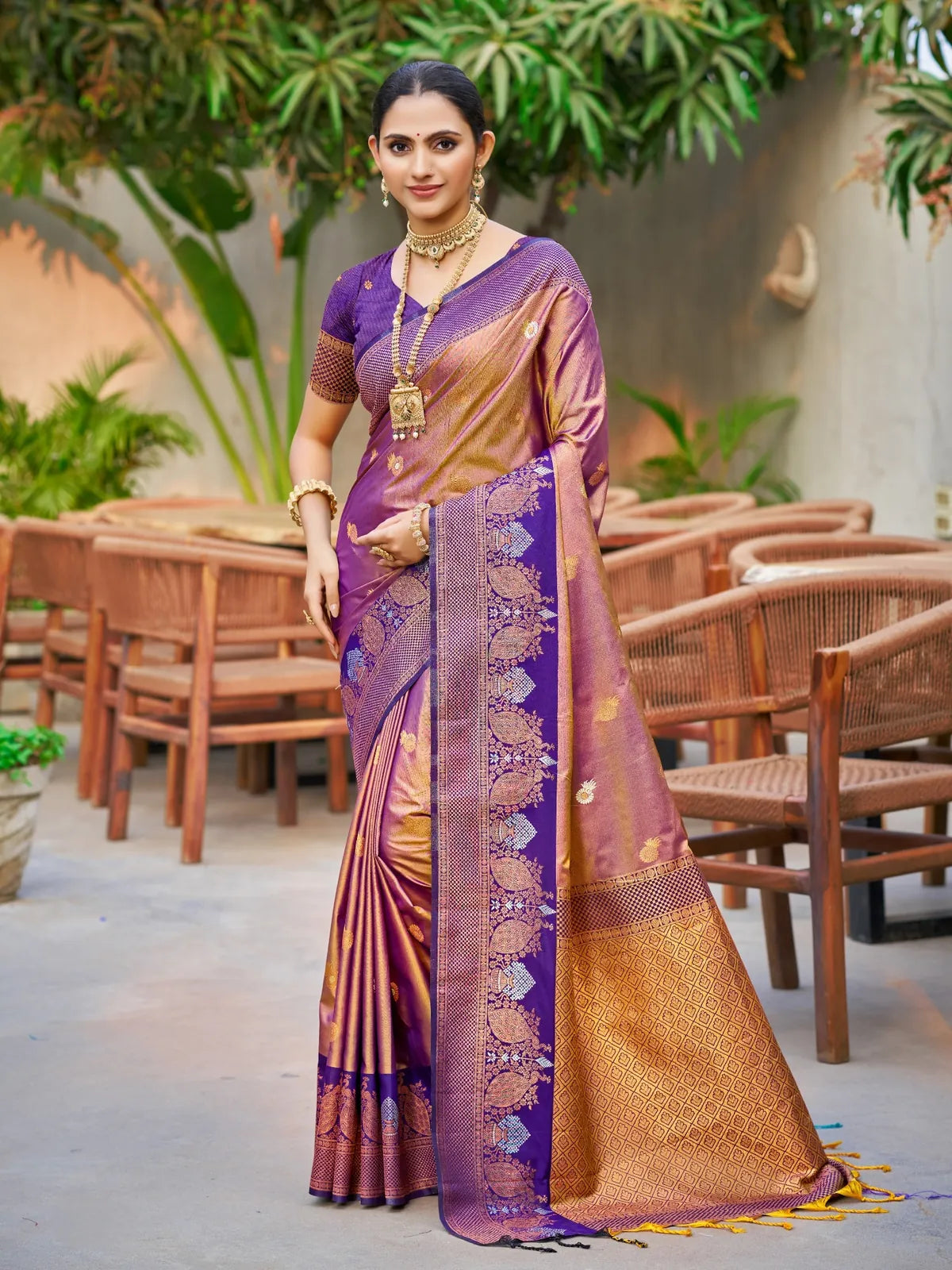 Tarani purple soft silk saree with zari woven border full view for festive and wedding wear
