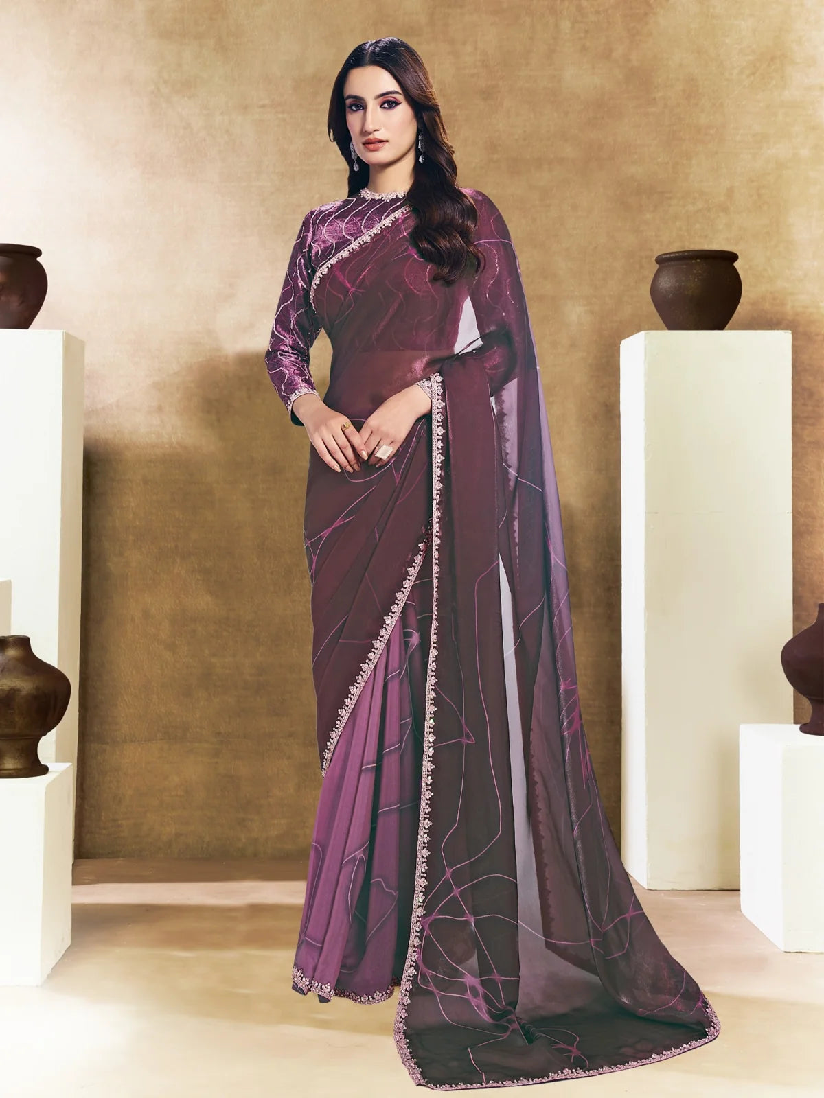Tarani Archisha purple satin silk saree full view with digital abstract print and embroidered blouse
