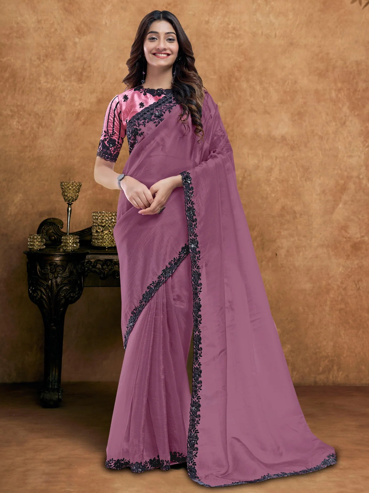 Tarani Lekhika crush pure silk purple saree full view with sequins handwork border and designer blouse