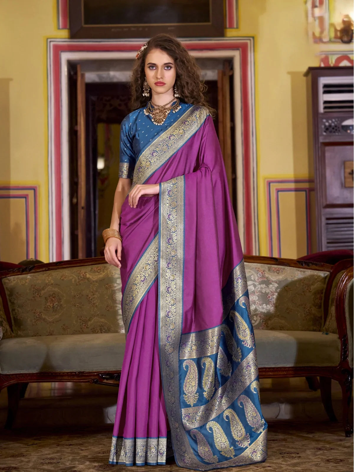 Tarani purple silk saree full view with contrast border and intricate weaving for festive and party wear