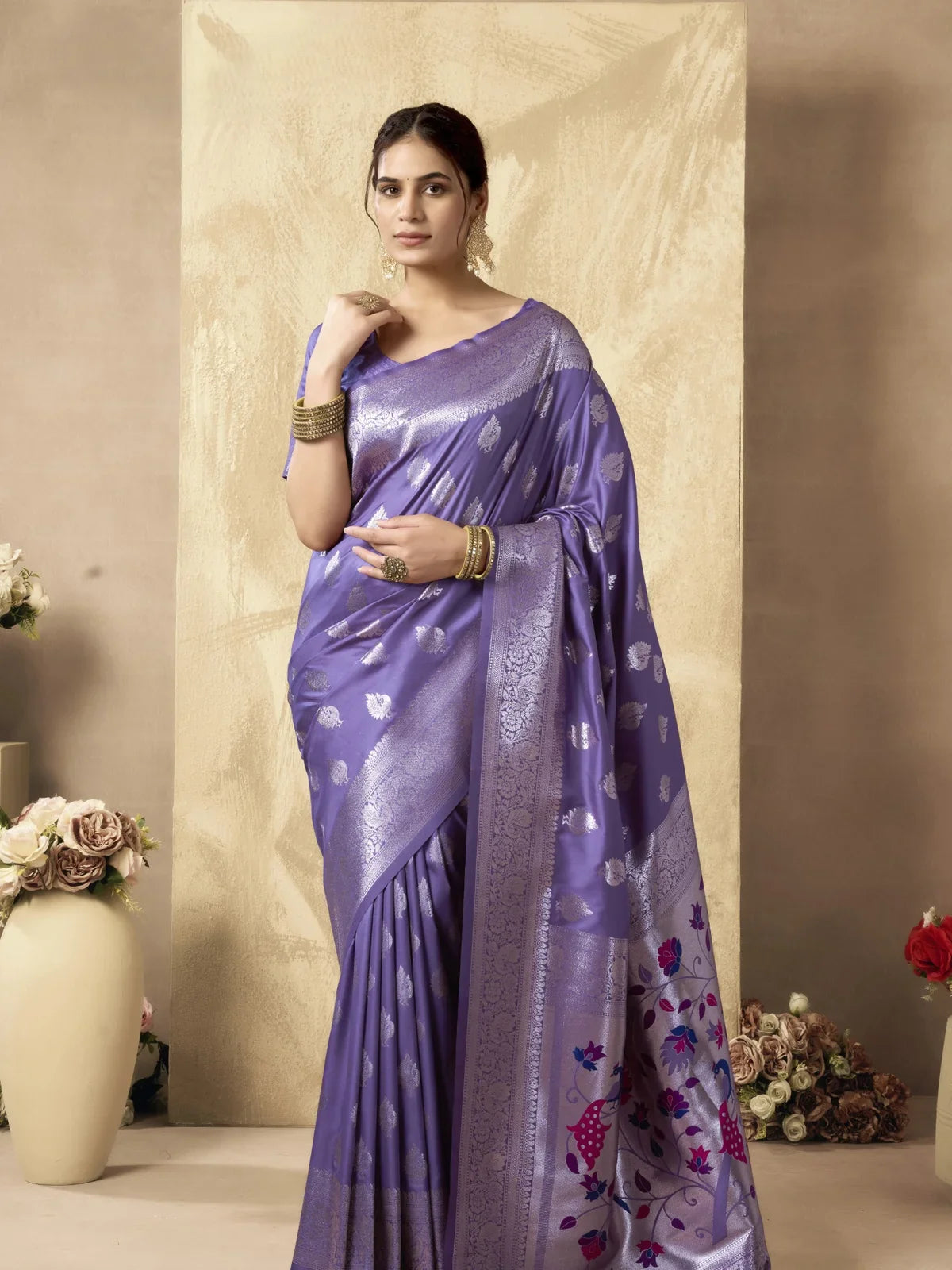 Tarani purple silk saree full view with zari motifs and peacock pallu design