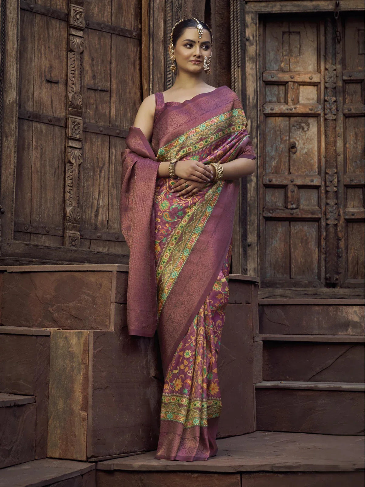 Tarani purple silk saree with floral woven border and traditional motifs full view