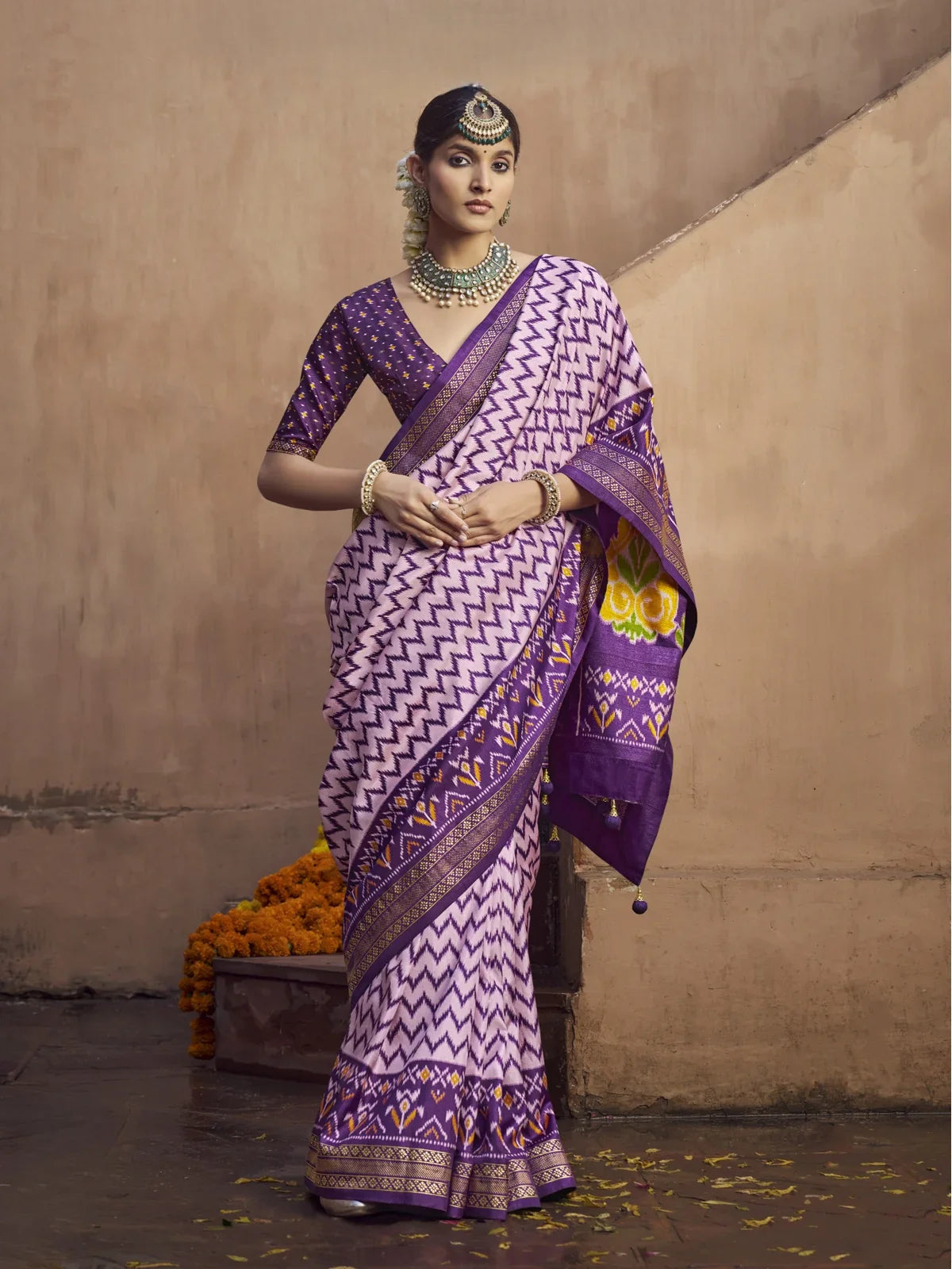 Tarani premium purple silk saree full view with blouse and festive look