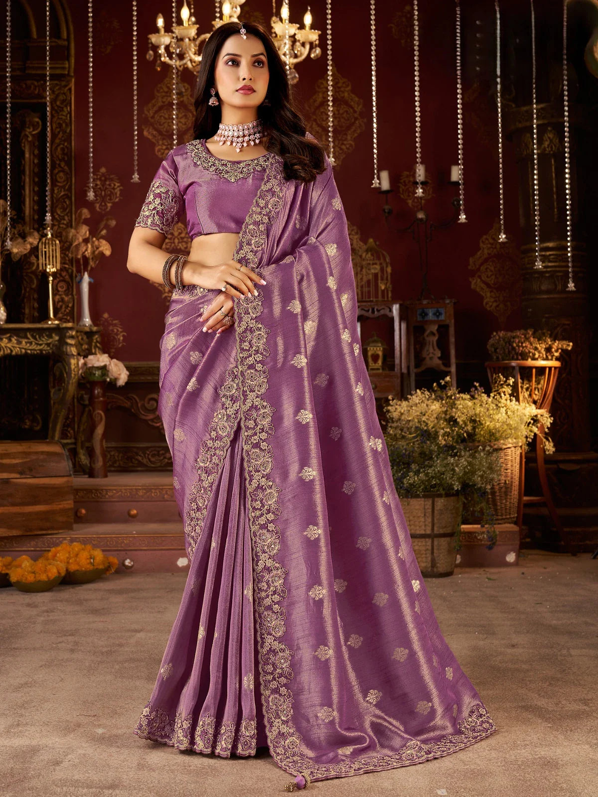 Tarani purple soft silk saree with zari embroidery and designer blouse in full view